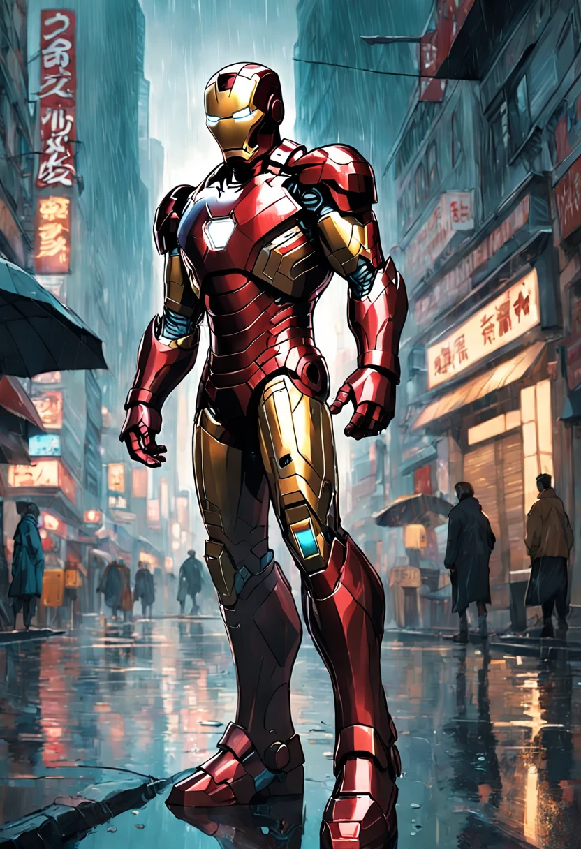 photo of Iron Man from Marvel standing outside the city 17, rainy, rtx, octane, unreal