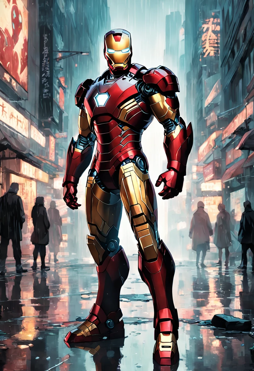 photo of Iron Man from Marvel standing outside the city 17, rainy, rtx, octane, unreal