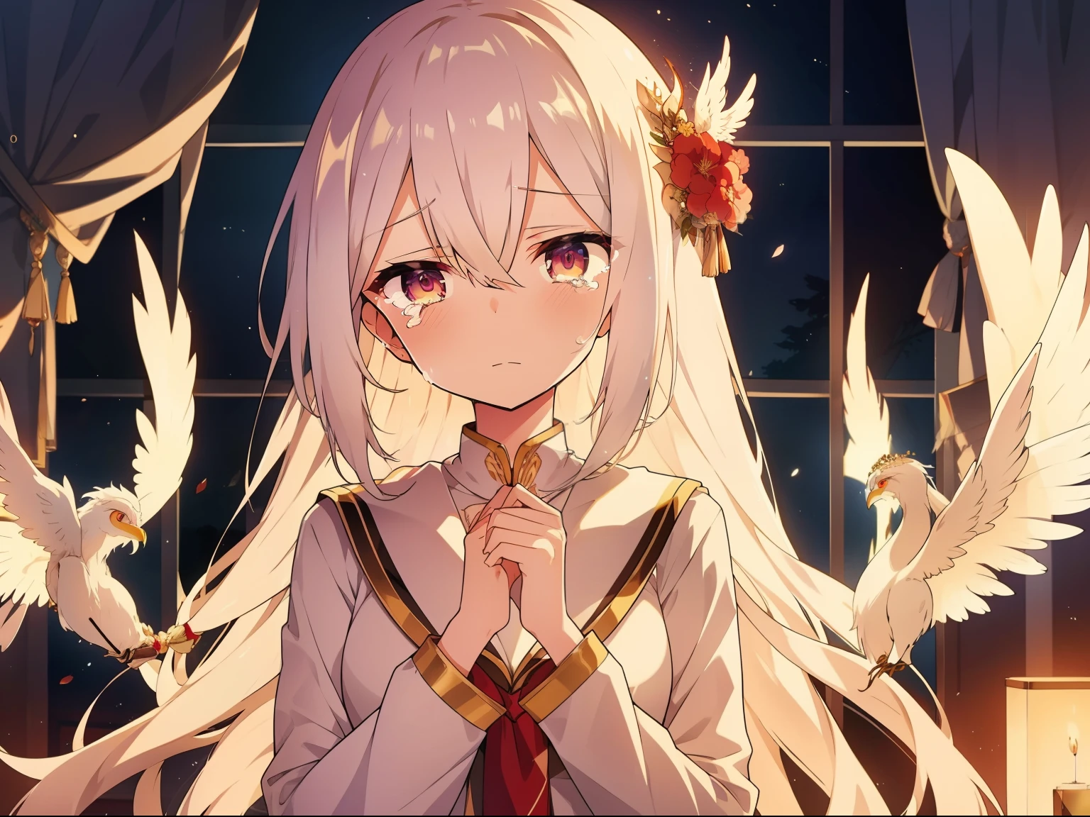 Long white hair shawl，A beautiful face，But the expression is sad，weeping，streaming tears，Wearing a gorgeous phoenix crown。The scene can be her dormitory，There is a candlelit atmosphere。