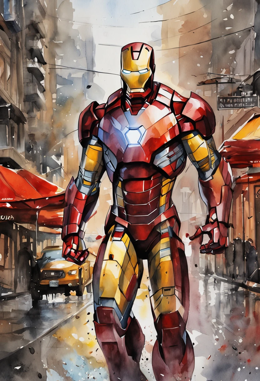 photo of Iron Man from Marvel standing outside the city 17, rainy, rtx, octane, unreal