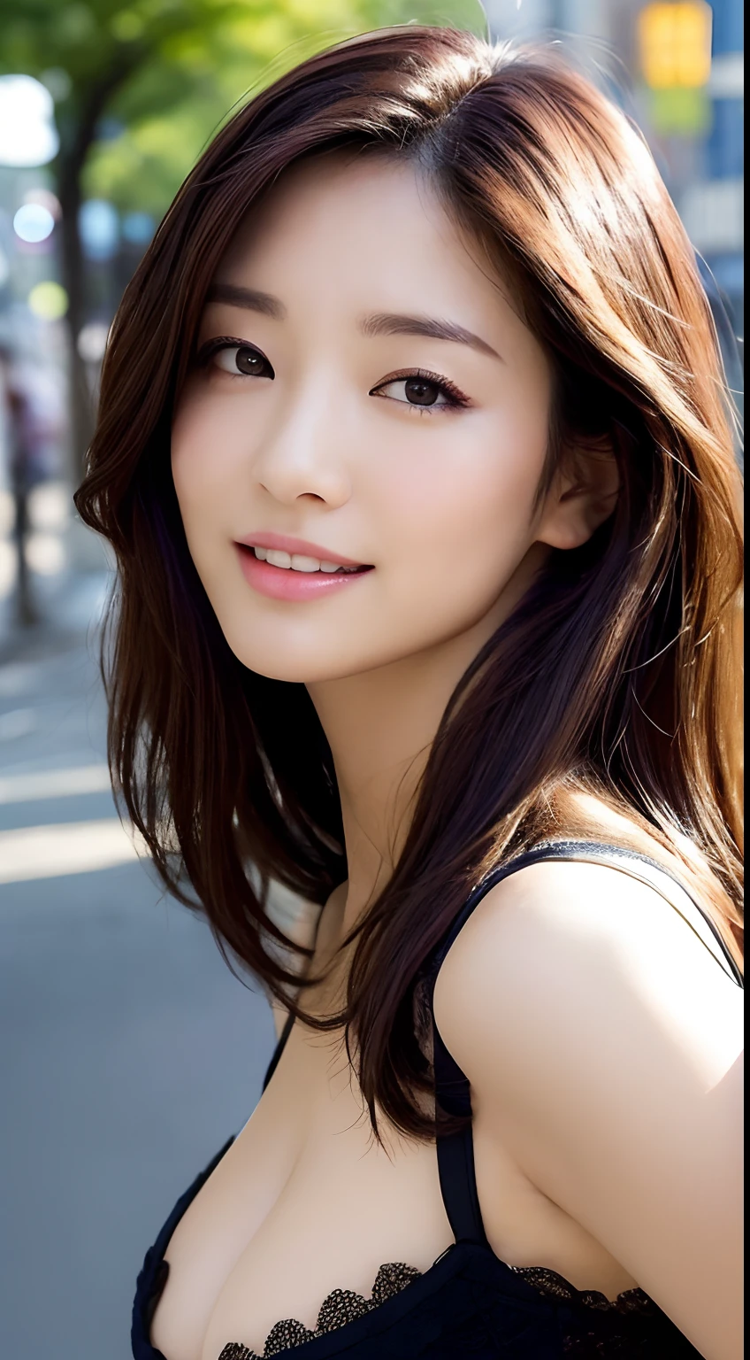 ((top-quality、8k、​masterpiece：1.3))、foco nítido：1.2、Beautiful Women in Perfect Style：1.4、Slender abs：1.2、((Dark brown hair、huge tit：1.2))、(natural soft light、City Street:1.1)、Highly detailed facial and skin texture、A detailed eye、Double eyelids of course。

「At the highest image quality、Have a realistic atmosphere、Draw a slim and bewitching 40-year-old Japan female AI beauty。Her eyes are deep and seductive,、When you smile, a natural expression comes to your face.。Hair has a flowing texture、Please describe the way you flutter in the breeze.。The background should be in a calm tone、Arrange it to complement her charm。」