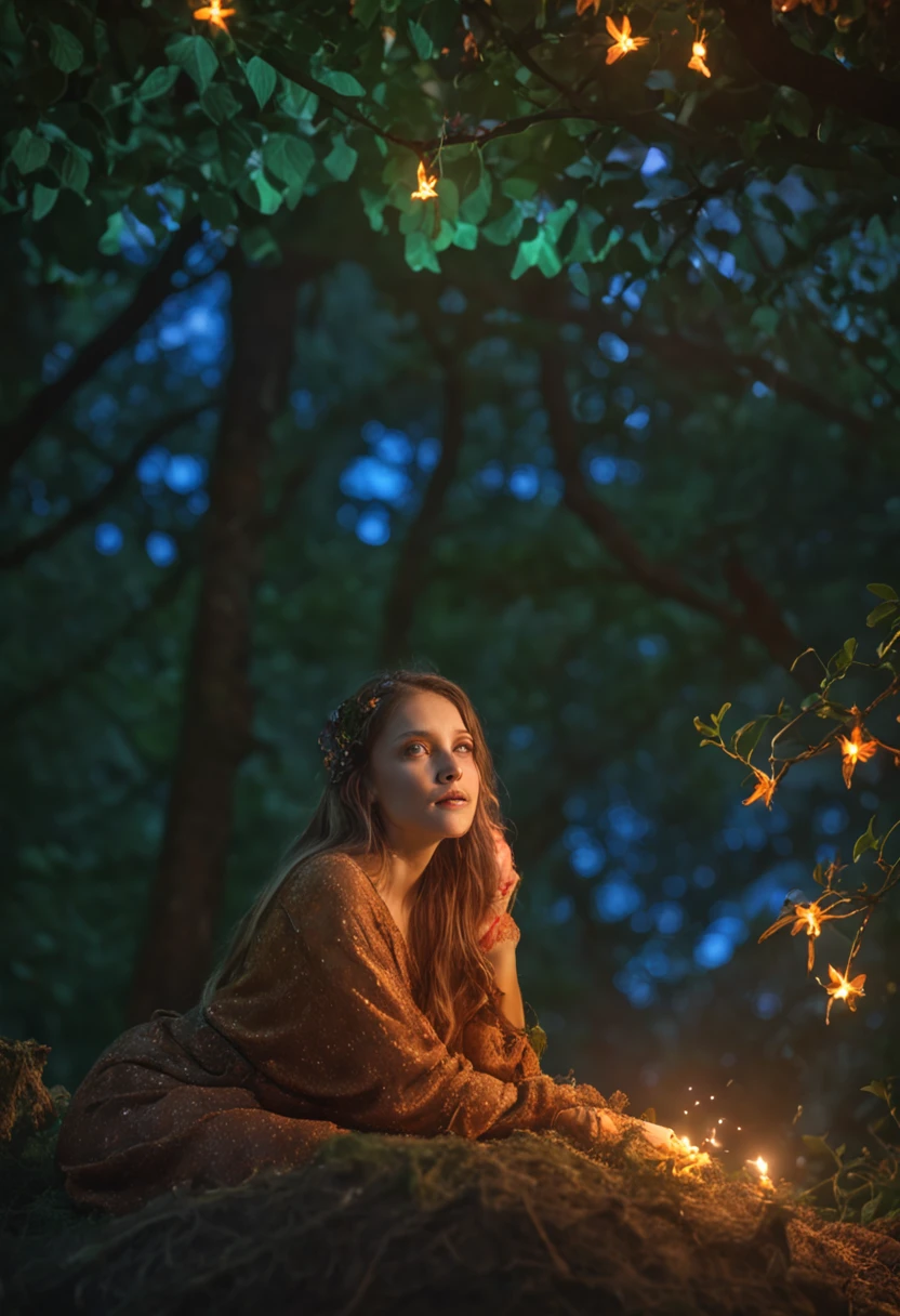 Avatar,anthill, Blue and green, Fairy tales and marvelous forests, Orange fireflies, Semi-realistic 4K starry night