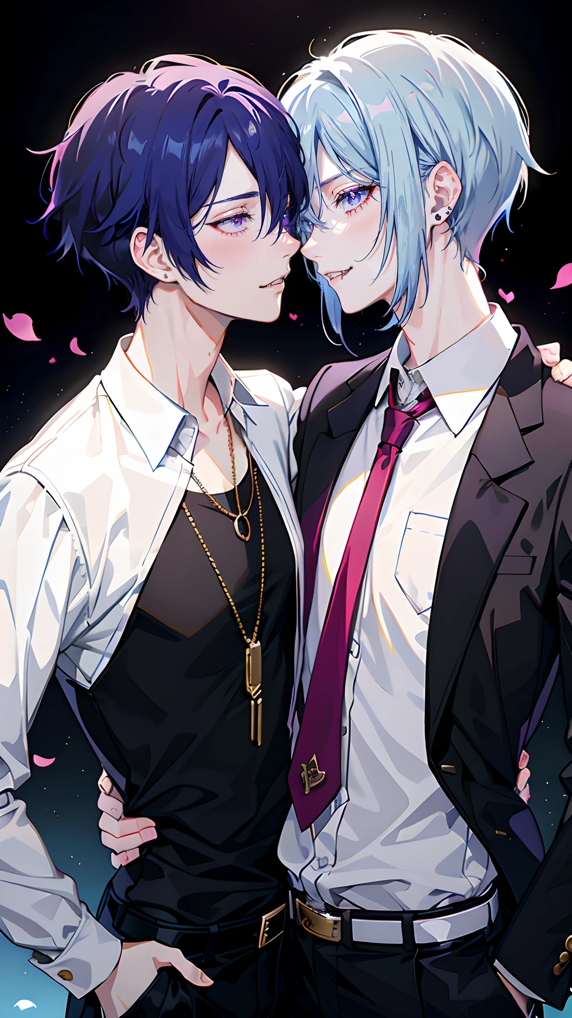 ​masterpiece, top-quality, 2Others, Male couple, 1 man and 1,, Adults, Height difference, different fashion, different color, finely eye and detailed face, intricate detailes, Casual clothing, Oversized shirt, Modern urban streets, A smile, Happiness, tenderness, queers, high-level image quality、 Two beautiful men、tall、The upper part of the body、nightfall、nighttime scene、𝓡𝓸𝓶𝓪𝓷𝓽𝓲𝓬、Two Men Kissing, Korean Male, Idol Photos, k pop, Professional Photos, Vampires, Korean fashion in black and white, Fedoman with necklace, inspired by Sim Sa-jeong, androgynous vampire, :9 detailed face: 8, extra detailed face, detailed punk hair, ((eyes are brown)) baggy eyes, Seductive. Highly detailed, semi realistic anime, Vampires, hyperrealistic , delicate androgynous prince, imvu, short hair above the ears, Man with short hair, Purple-haired man with a glaring expression and a man with light blue hair with a gentle expression, With a short-haired man with bright purple hair, Man with light blue hair, kiss together, Kissing each other,