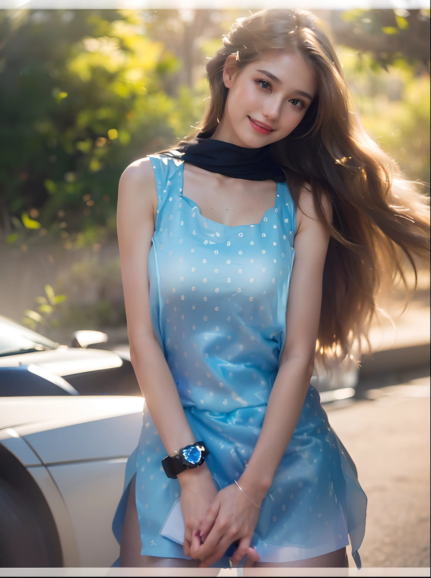 (1 Pretty girl), big breasts, breasts, tan, dewy skin, sweaty skin, wavy blonde hair,light hair,super fine hand, fine finger , Short mini skirt (black), ((detailed pantyhose)), in the luxury watch, super detailed, punk girl, smiling, open shirt show , detailed legs, fine legs, big tit, 8k ,ultra HD, 3D, blue dress, blue shirt, blue suit,