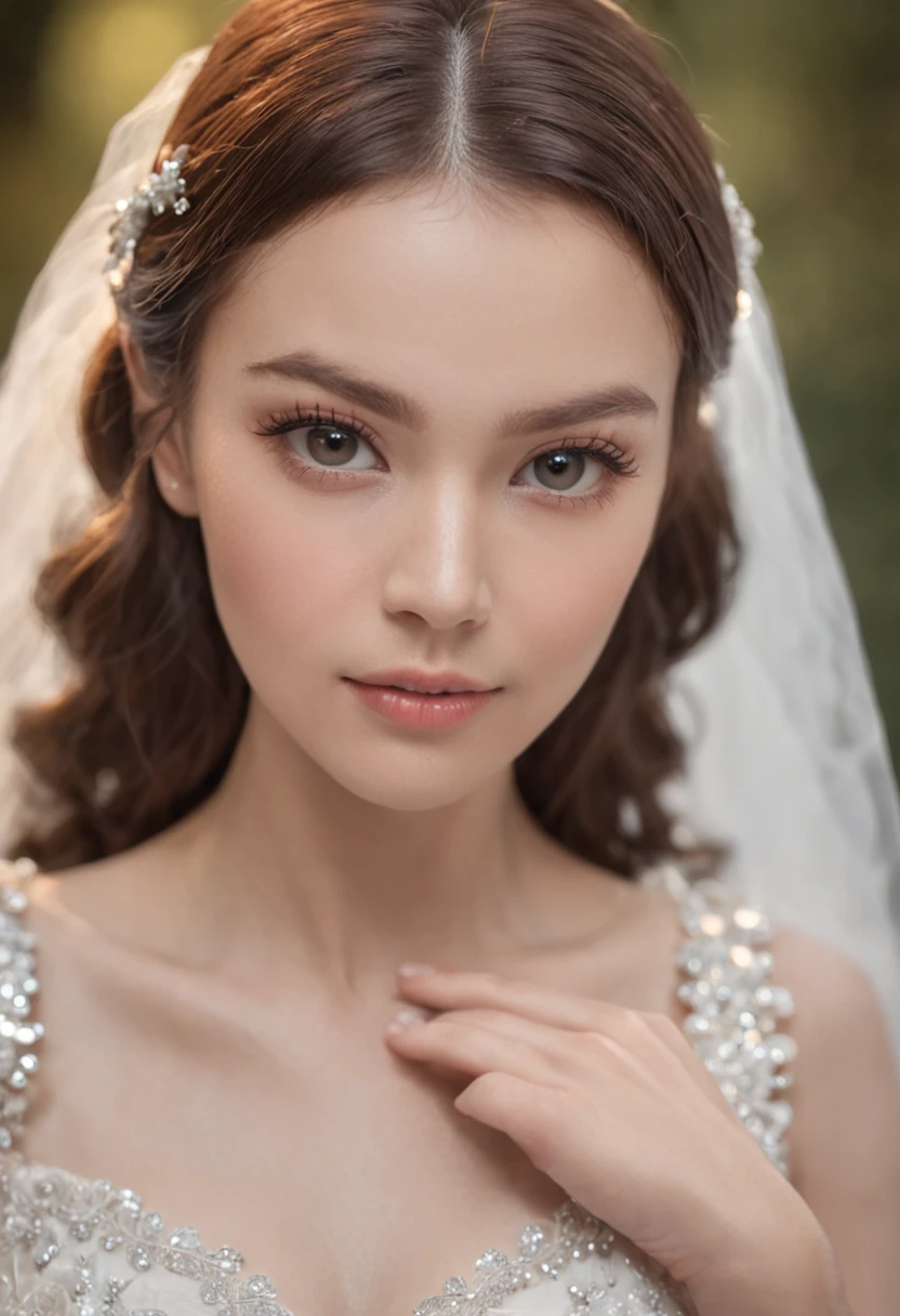 (Masterpiece), Best quality, Highest quality, Highly detailed CG unity 8k wallpaper, Original, high resolution, (Depth of field: 1.5), Fidelity: 1.3, Breasts, Bridal portrait style, 1 girl, Curtains, light yarn , Bridal veil, Wedding dress, Curtains, jewelry, Solo, Earrings, teeth, Bride, black_Hair