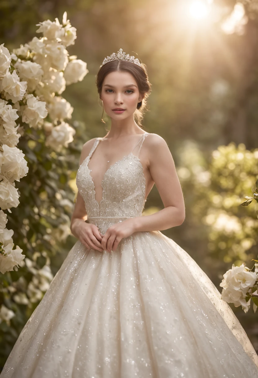 （（best qualtiy））， （（tmasterpiece）） wedding princess dress， ray of lights， lens flare glow， White petals， Delicate face