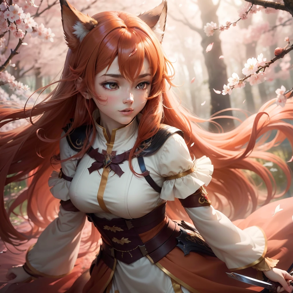 "(masterpiece) best quality, ultra-detailed 8k wallpaper of Raphtalia, an extremely delicate and beautiful character from anime, floating in a dreamy atmosphere, with vibrant colors and dynamic pose, her amber eyes shining with determination and intelligence, (red hair) flowing gracefully as she wields her sword, wearing her iconic outfit, surrounded by (falling cherry blossom petals) in a serene forest scene, (soft sunlight) filtering through the leaves, creating a mesmerizing play of light and shadows."
