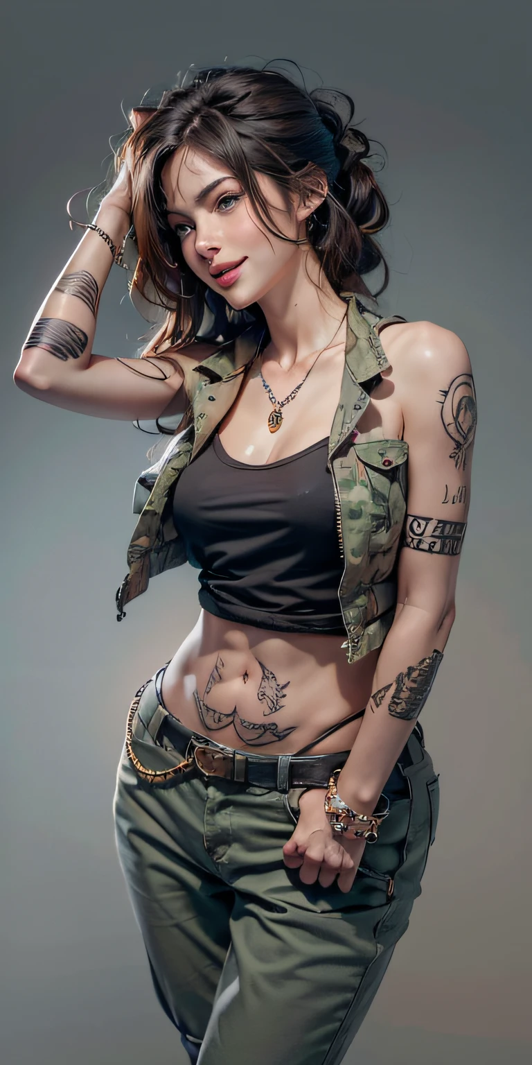 Photorealistic, high resolution, Soft light,1womanl, Solo, Hips up, (Detailed face),tattoo, jewelry, t-shirt with rough chest, Beautiful soldiers, Grab the audience's eye, Lover's perspective, Invitation expression, Sexy smile, Perfect style, Perfect balance, Detailed skin, mischievous gaze, chest visible