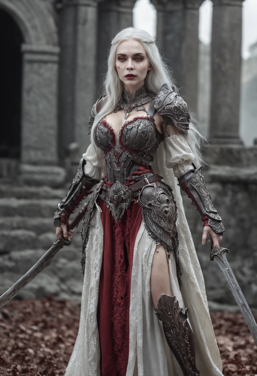 (tmasterpiece, high high quality, absurderes), full body female, (Reine des morts:1.1), pale-skinned, spears, (Blood on weapons:1.2), (Intricate skeleton armor in crimson and gray:1.3), Exposed ribs , long  white hair, (Fantasy Background:1.3), Epic atmosphere, astonishing detail, fanciful, 8K, graveyard background, onimous, O spirit
