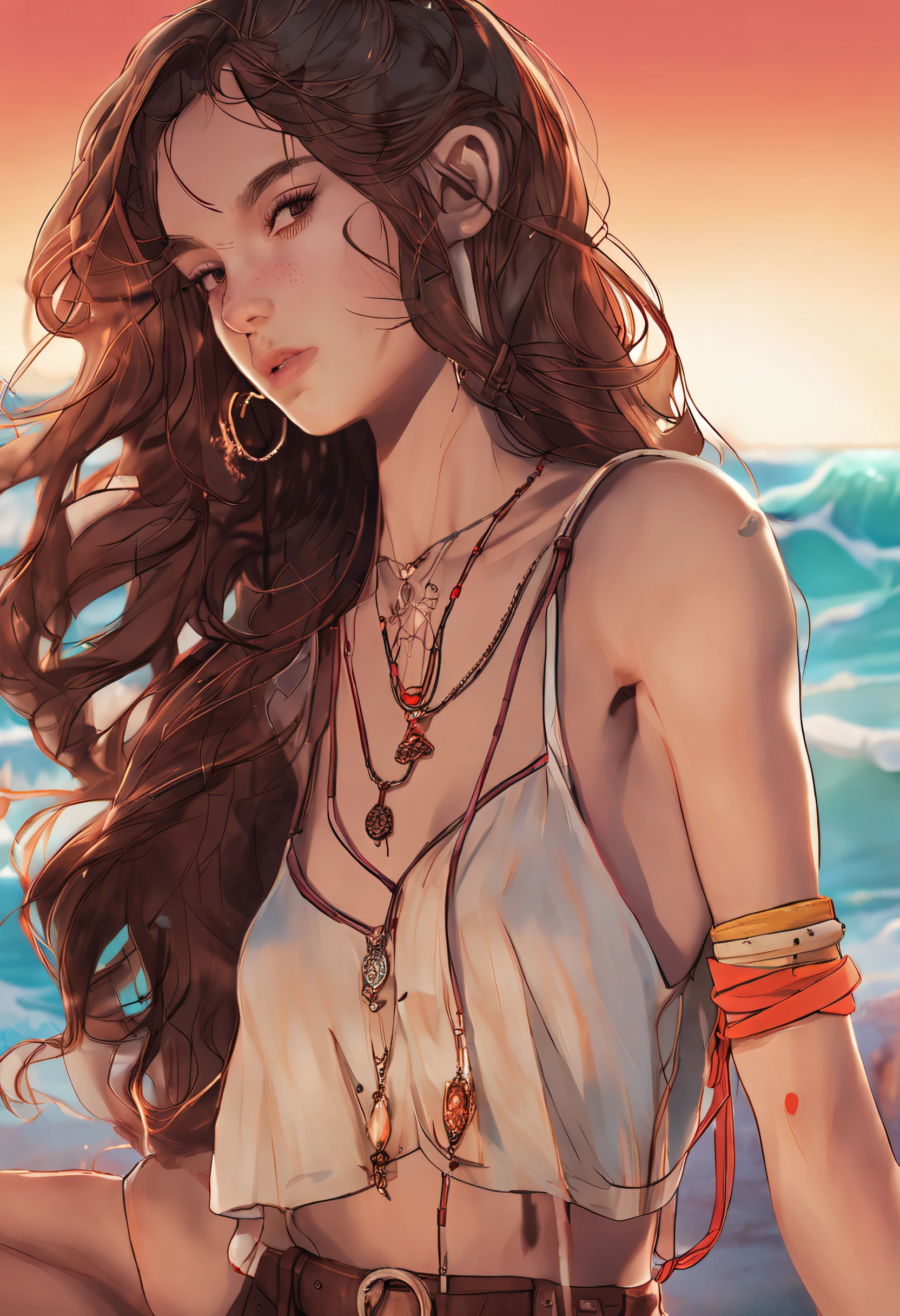 8yk,raw photo,(masterpiece), (best quality), highres,(1girl),(realistic, photo-realistic:1.2),ultra detailed, physically-based rendering,necklace, earrings, air bangs, hair ornament,sunset, collarbone,wristband,navel,long hair,brown hair,ahoge,1girl,middle breasts,beach,wavy hair,thin,