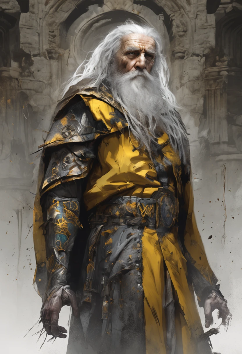 portrait, action pose, slow motion, (old male human wizard:1.2) old male human wizard wearing yellow and black robes (majestic evoker cloth armor:1.2), (wrinkles, steampunk), (archmage robes, runic patterns:1.2), (insanely detailed, bloom:1.5), (analog:1.2), (high sharpness), (detailed pupils:1.1), (painting:1.1), (digital painting:1), detailed face and eyes, Masterpiece, best quality, (highly detailed photo:1.1), 8k, photorealistic, very long straight white and grey hair, grey streaks, ecstatic, (60-year old Austrian male:1.1), sharp, (older body:1.1), stocky, realistic, real shadow 3d, (highest quality), (concept art, 4k), (wizard labratory in backgound:1.2), by Michelangelo and Alessandro Casagrande and Greg Rutkowski and Sally Mann and jeremy mann and sandra chevrier and maciej kuciara, inspired by (arnold schwarzenegger:1.001) and (Dolph Lundgren:1.001) and (Albert Einstien:1.001)