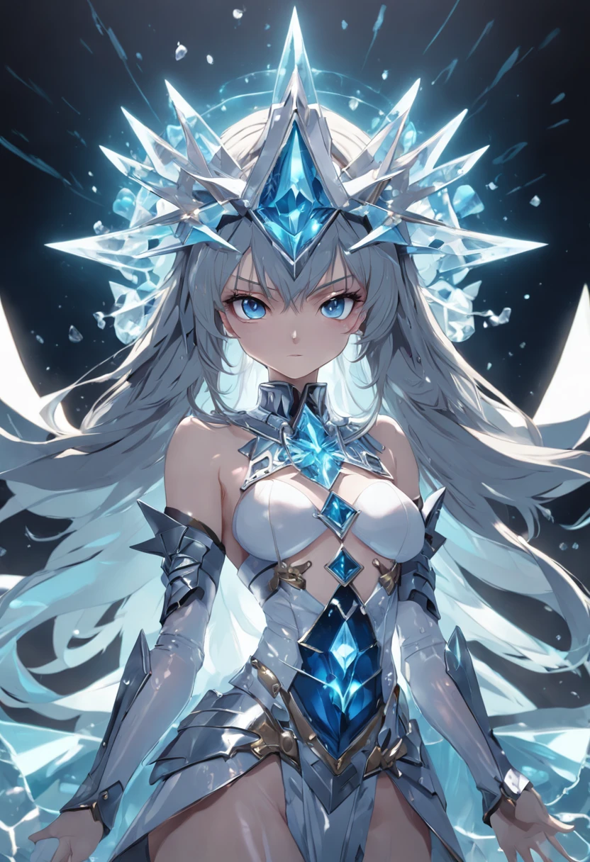 woman, long silver hair, blue eyes, regal white and blue dress, ice crown, stern face