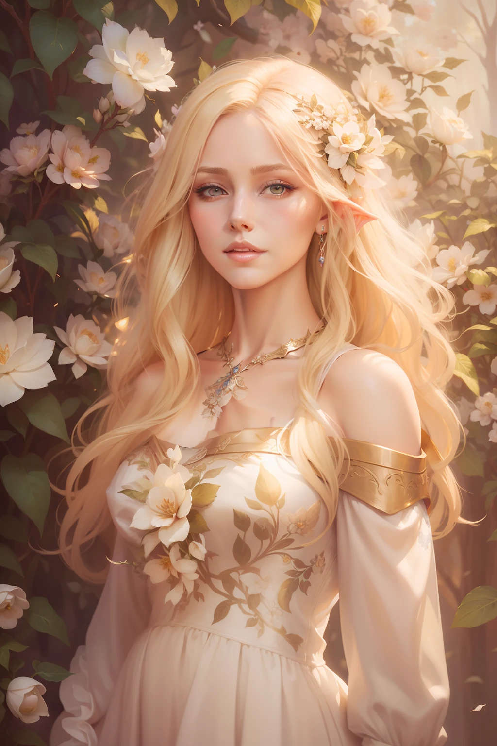 a woman with long blonde hair and a white dress standing in front of a bush of flowers, beautiful maiden, beautiful fantasy maiden, beautiful character painting, beautiful elven princess, beautiful fantasy art portrait, gorgeous digital painting, blonde elvish empress, very beautiful elven top model, beautiful fantasy art, beautiful digital painting, fantasy art style, beautiful and elegant elf queen