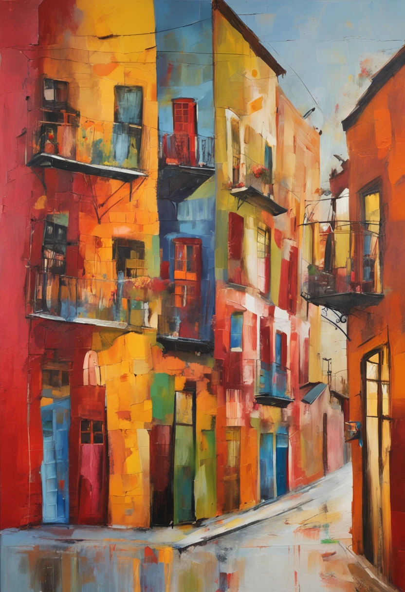 A charming cobbled street，Lined with quirky shops and cafes, Each building façade is painted with whimsical and vibrant murals，Scenes depicting local folklore and culture, Joy and artistic energy radiate from every corner, Mixed media collage, Photography combined with digital painting