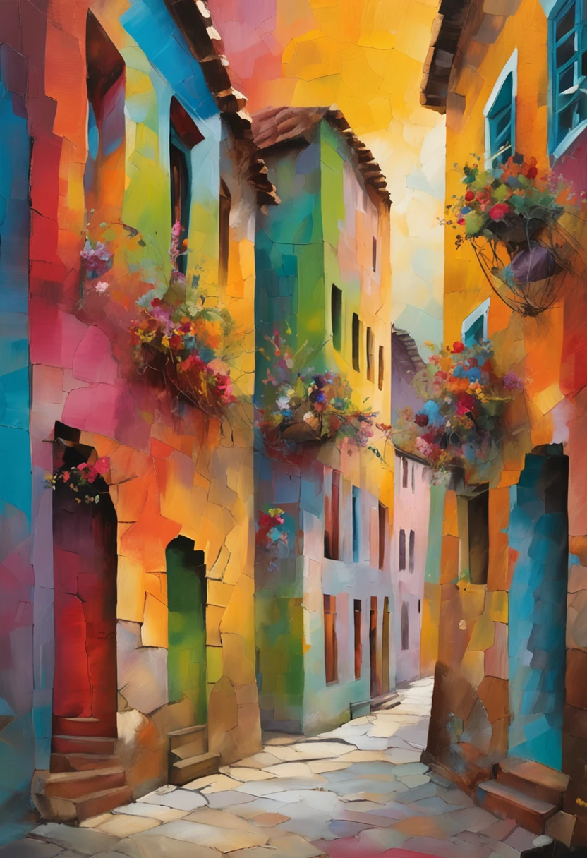 A charming cobbled street，Lined with quirky shops and cafes, Each building façade is painted with whimsical and vibrant murals，Scenes depicting local folklore and culture, Joy and artistic energy radiate from every corner, Mixed media collage, Photography combined with digital painting