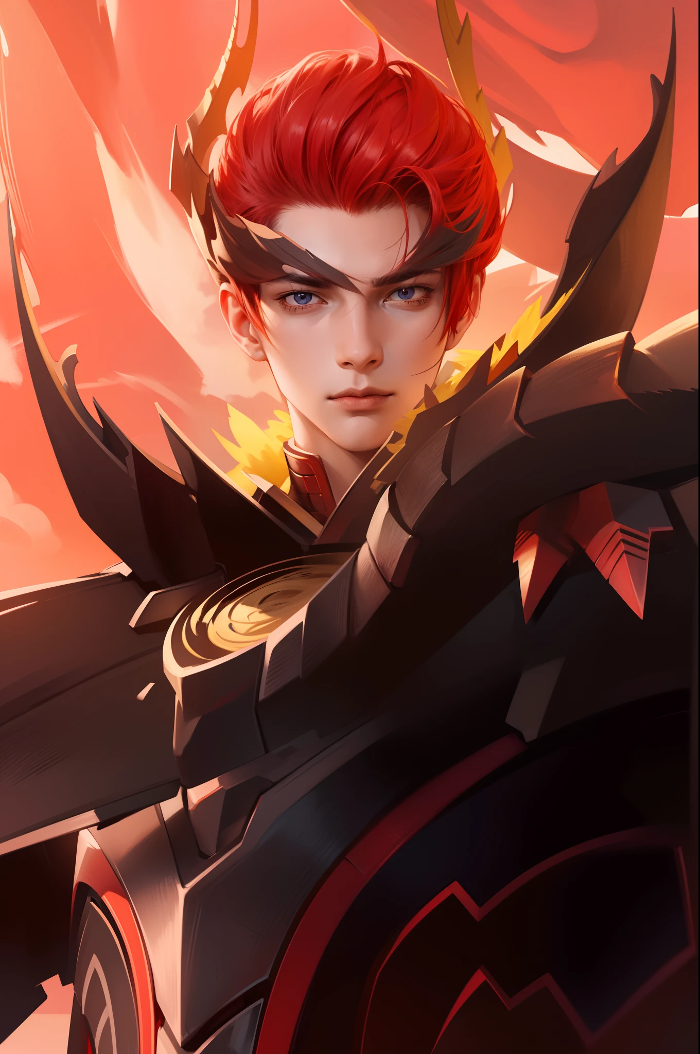 Attractive profile picture, masterpiece, ultra-precise rendering, beautiful and cool young man, trustworthy, dependable young man, simple design, most beautiful image, 4K, red hair, red eyes, dragon armor, dragon tamer.