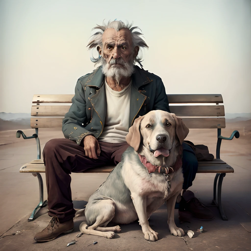 ((((higly detailed))))surrealism, minimalism,A homeless man sits on a bench,A dog sits next to him