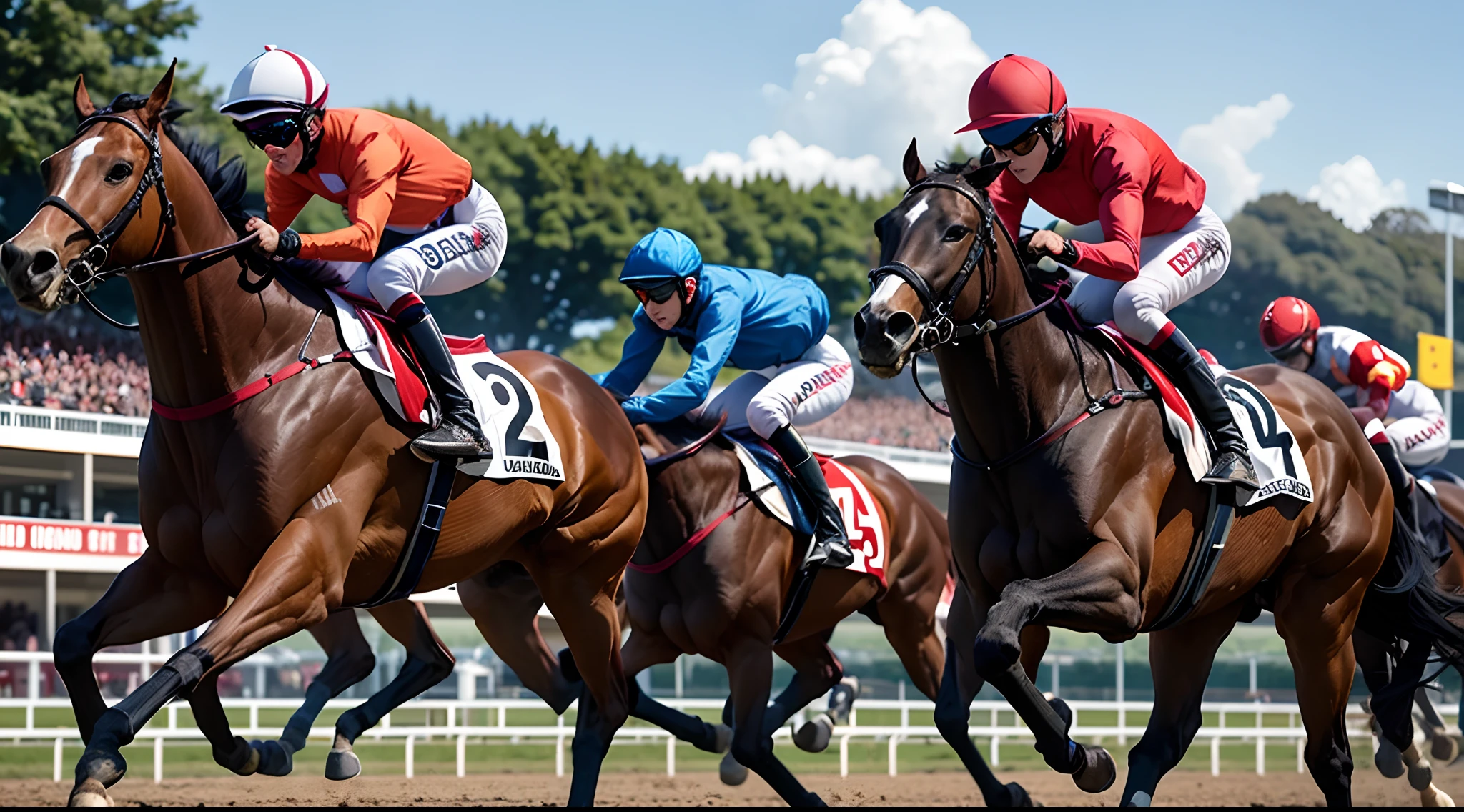 (8K、masterpiece of best quality:1.2)、Realistic and photorealistic、"High-quality images of female jockeys in horse racing, Ride a thoroughbred during horse racing. Horses fly 50 cm above the ground、The scene is set near the finish line, racecourse, I'm Sasa々Become a tree,All horses are facing the same direction,
