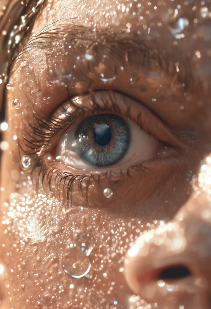a close up of a woman with blue hair and a flower in her hair, makeup. unreal engine, wet shiny skin, slightly tanned, close up of a blonde woman, captivating glowing lights, bronze face, inspired by Petros Afshar, portrait of nordic girl, tears running down face, 4 k editorial photograph, glossy photo,flat chested,pov, Orgasm and passion on the face, excited lips,orgasmface, Beejay