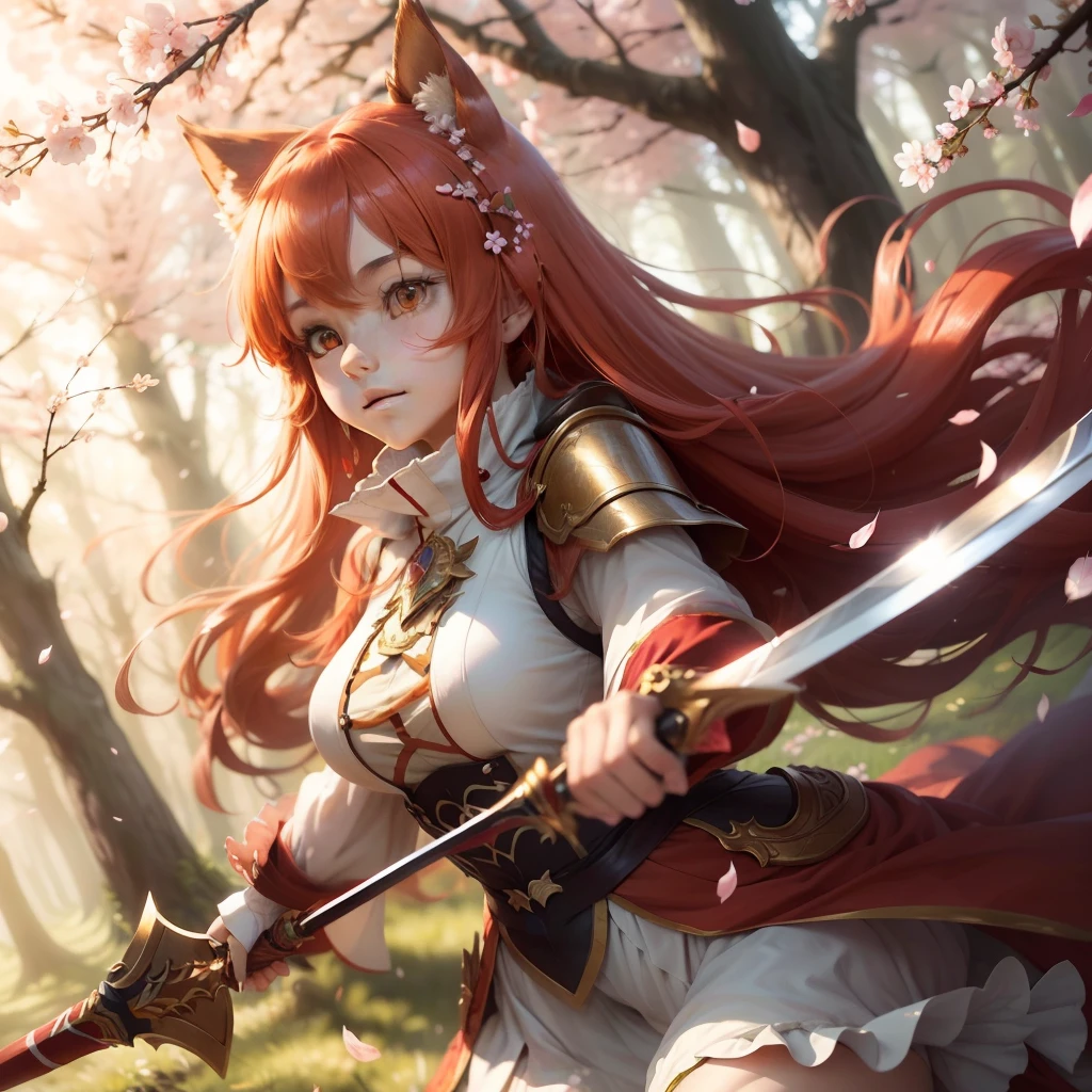 "(masterpiece) best quality, ultra-detailed 8k wallpaper of Raphtalia, an extremely delicate and beautiful character from anime, floating in a dreamy atmosphere, with vibrant colors and dynamic pose, her amber eyes shining with determination and intelligence, (red hair) flowing gracefully as she wields her sword, wearing her iconic outfit, surrounded by (falling cherry blossom petals) in a serene forest scene, (soft sunlight) filtering through the leaves, creating a mesmerizing play of light and shadows."