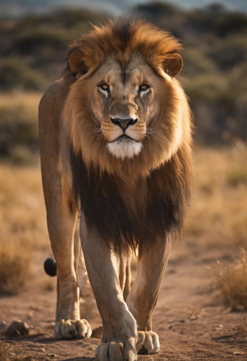 Close-up photo of a majestic lion on an African savannah, extreme close up, Slow shutter photography, Two-dimensional, 16k, high-resolution