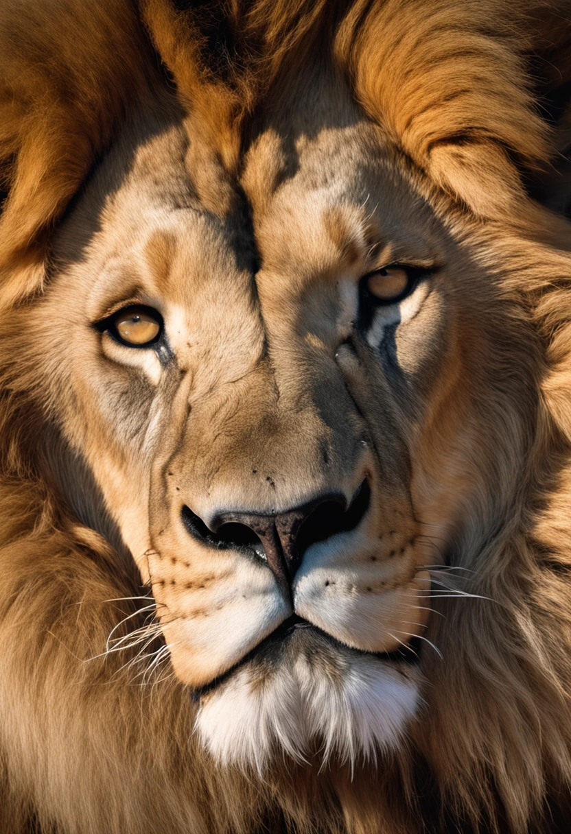 Close-up photo of a majestic lion on an African savannah, extreme close up, Slow shutter photography, Two-dimensional, 16k, high-resolution