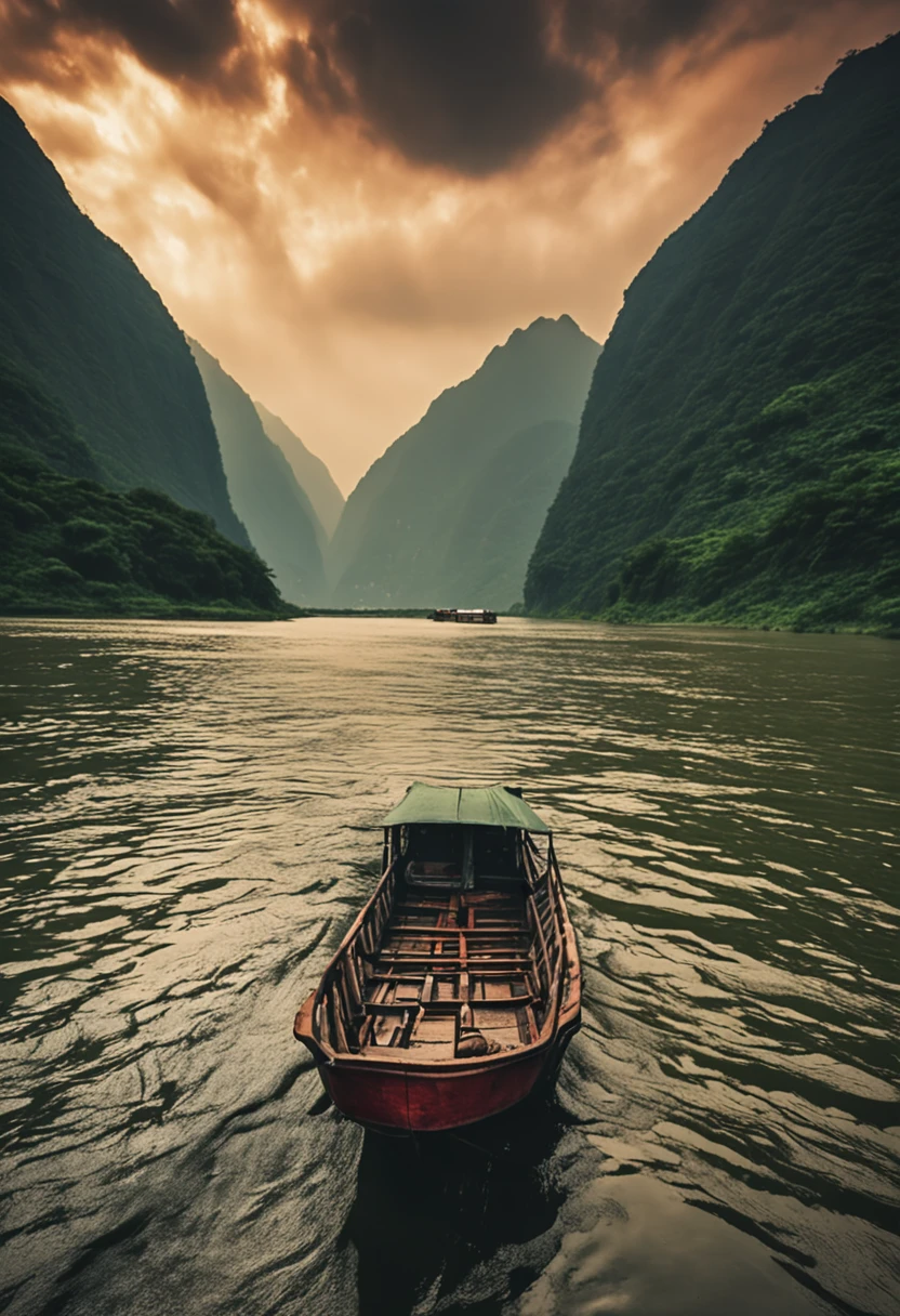 There is a river in the middle of the extremely high mountains of the Yangtze River in China, As the boats advance in the river. The scenery is very beautiful, With 64K HD images