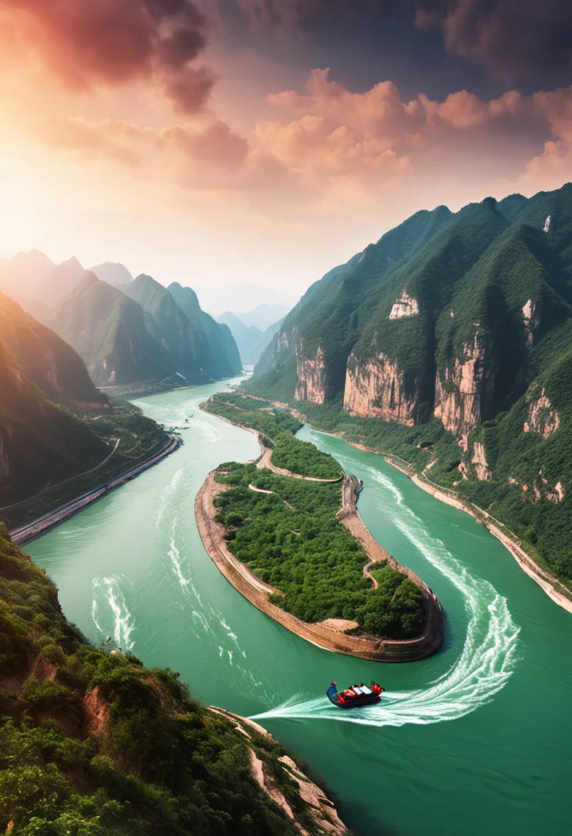 There is a river in the middle of the extremely high mountains of the Yangtze River in China, As the boats advance in the river. The scenery is very beautiful, With 64K HD images