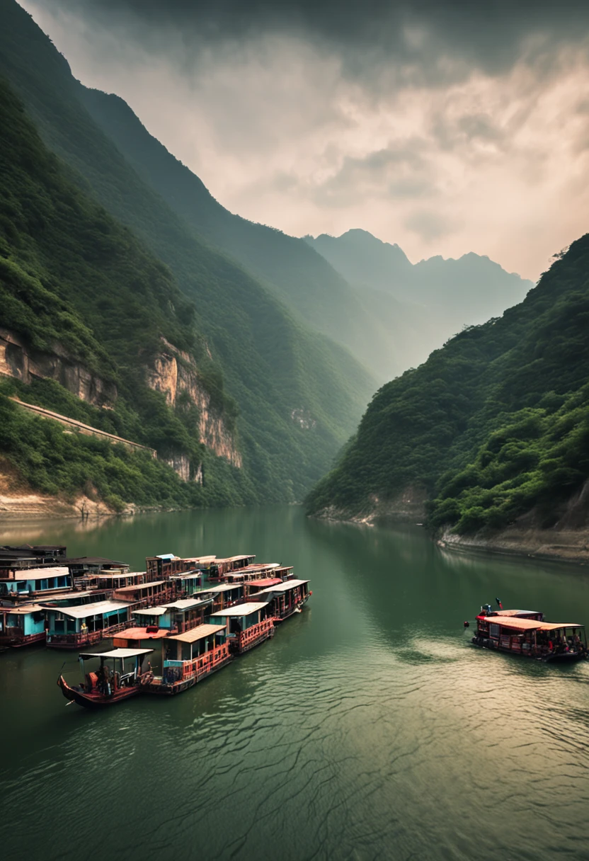 There is a river in the middle of the extremely high mountains of the Yangtze River in China, As the boats advance in the river. The scenery is very beautiful, With 64K HD images