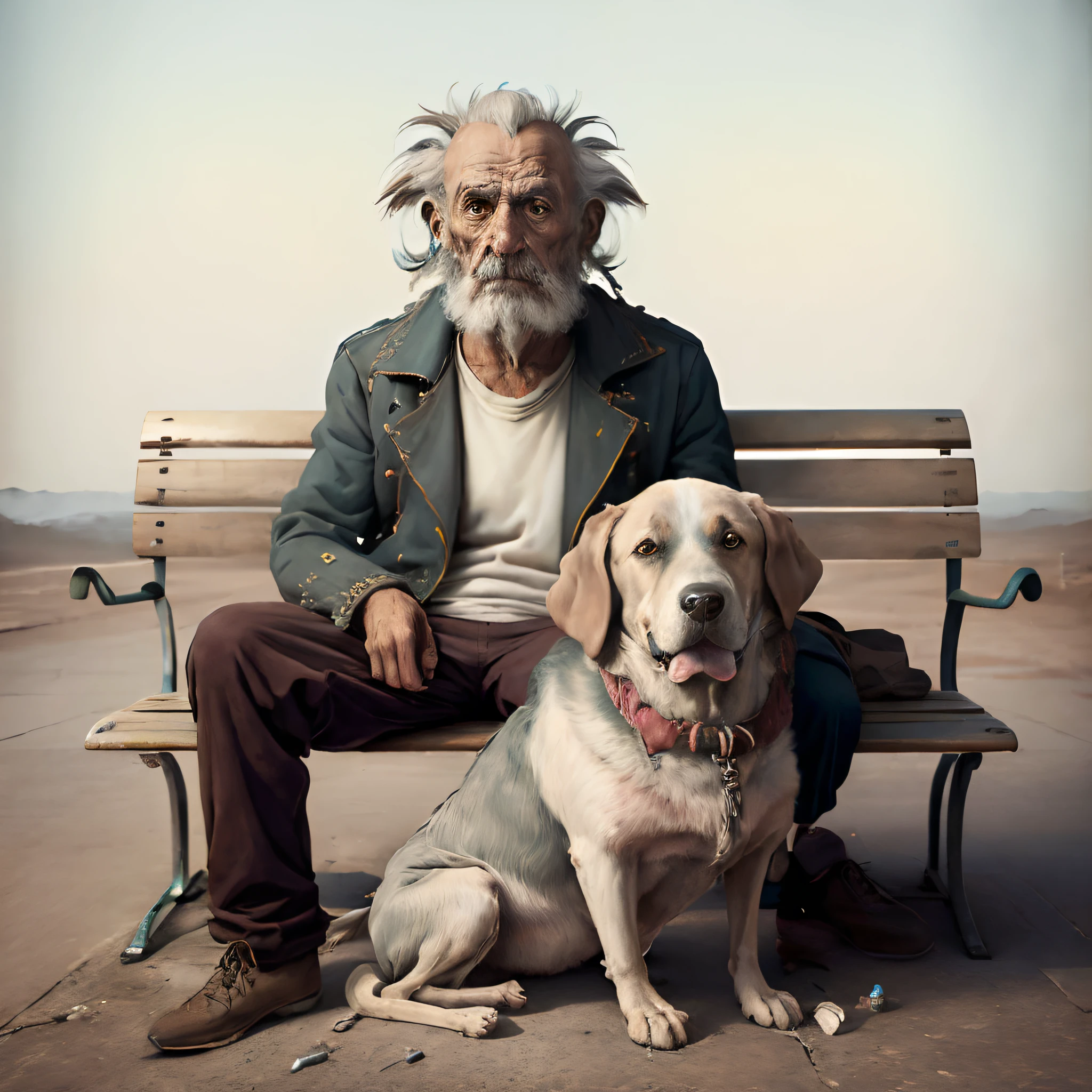 ((((higly detailed))))surrealism, minimalism,A homeless man sits on a bench,A dog sits next to him