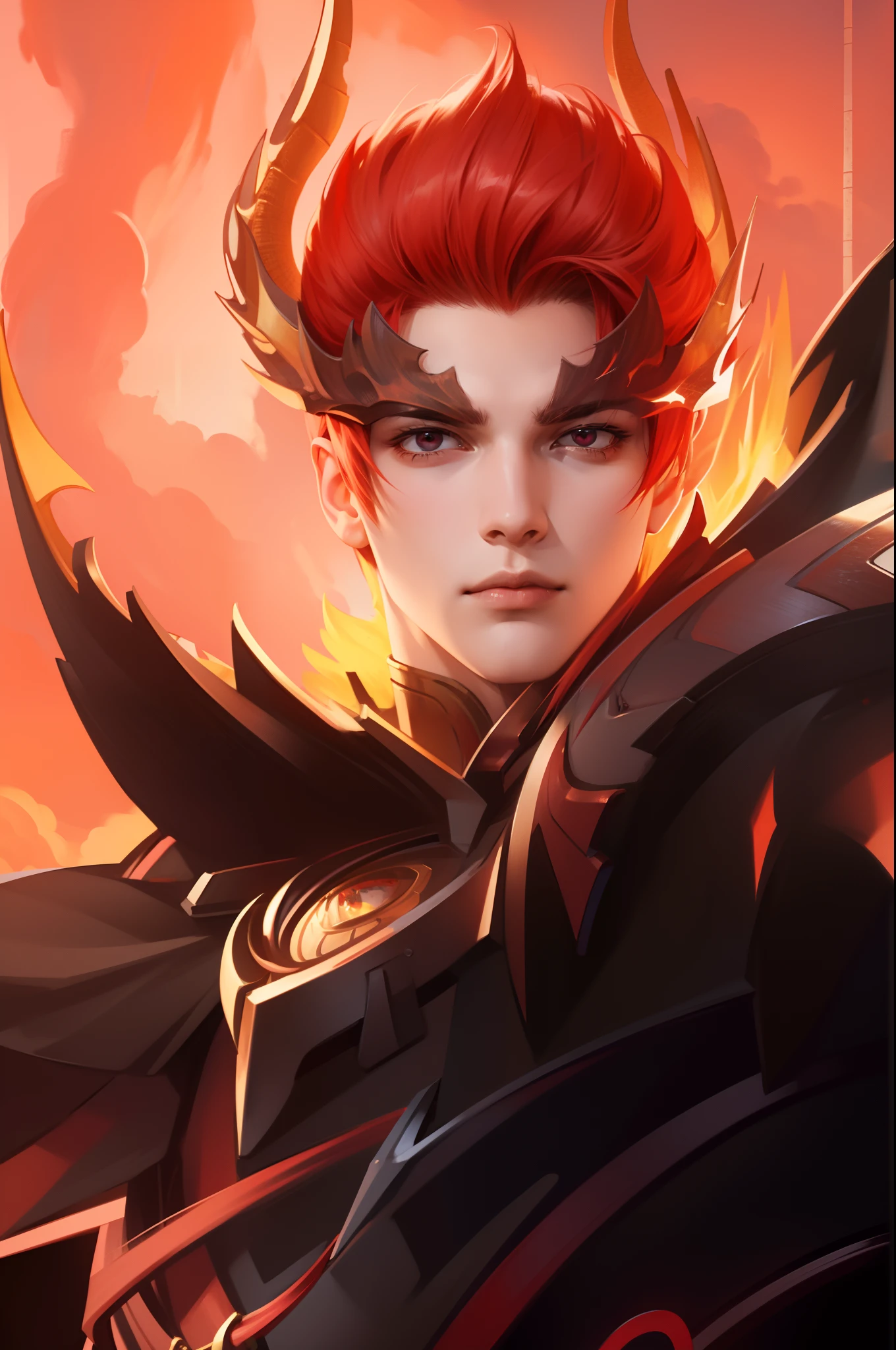 Attractive profile picture, masterpiece, ultra-precise rendering, beautiful and cool young man, trustworthy, dependable young man, simple design, most beautiful image, 4K, red hair, red eyes, dragon armor, dragon tamer.