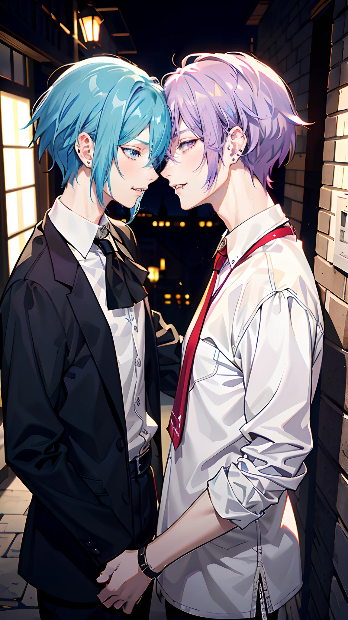 masterpiece, top-quality, 2Others, Male couple, 1 man and 1,, Adults, Height difference, different fashion, different color, finely eye and detailed face, intricate detailes, Casual clothing, Oversized shirt, Modern urban streets, A smile, Happiness, tenderness, queers, high-level image quality、 Two beautiful men、tall、The upper part of the body、nightfall、nighttime scene、𝓡𝓸𝓶𝓪𝓷𝓽𝓲𝓬、Two Men Kissing, Korean Male, Idol Photos, k pop, Professional Photos, Vampires, Korean fashion in black and white, Fedoman with necklace, inspired by Sim Sa-jeong, androgynous vampire, :9 detailed face: 8, extra detailed face, detailed punk hair, ((eyes are brown)) baggy eyes, Seductive. Highly detailed, semi realistic anime, Vampires, hyperrealistic , delicate androgynous prince, imvu, short hair above the ears, Man with short hair, Purple-haired man with a glaring expression and a man with light blue hair with a gentle expression, With a short-haired man with bright purple hair, Man with light blue hair, kiss together, Kissing each other,