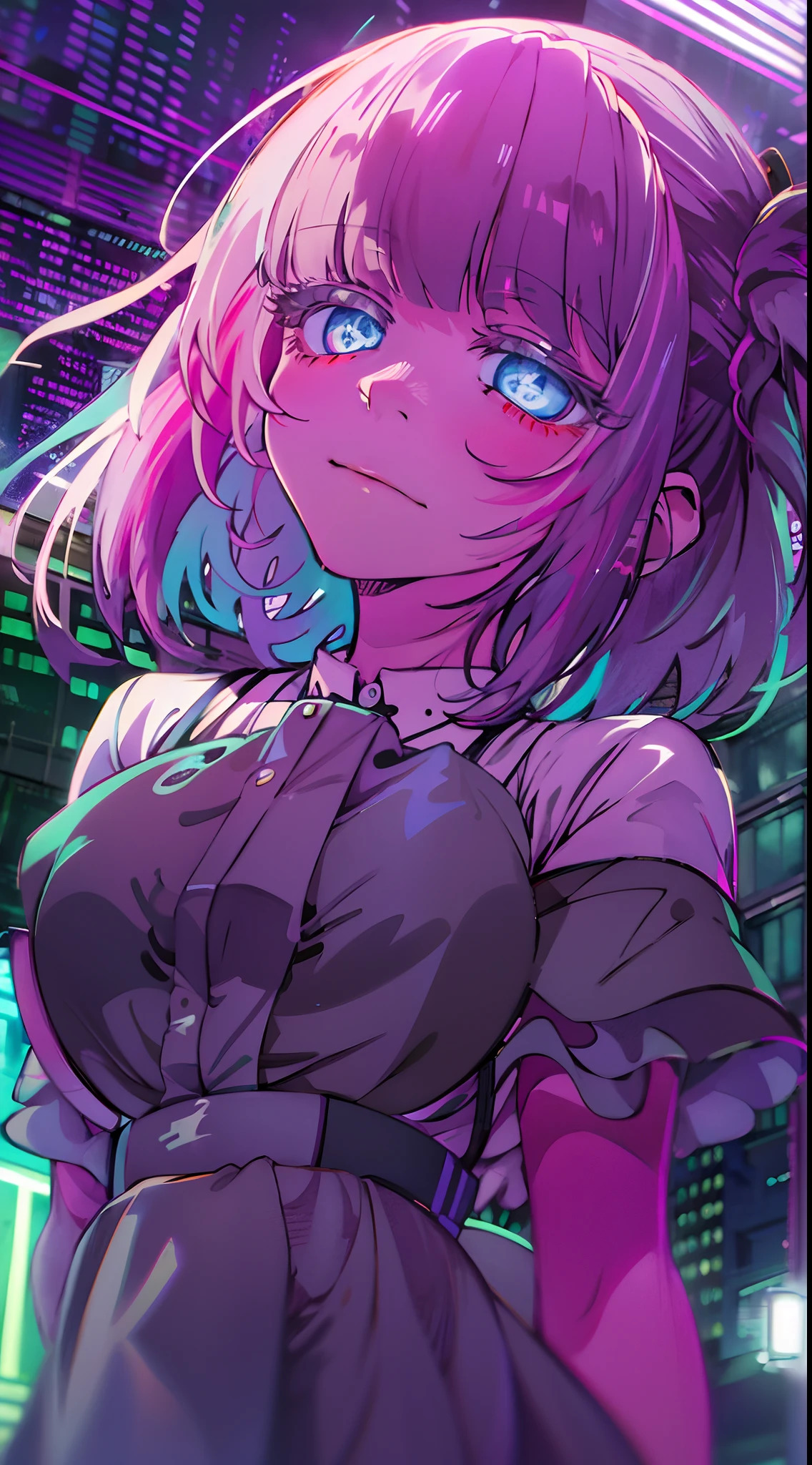 night, colorful cyberpunk city background, rain, street, maid girl, Nazuna Nanakusa,yofukashi no uta, blue eyes, shining eyes, black stockings, backlit, glow, looking up audience, low angle lens, looking up lens, perfect composition, perfect light and shadow delicacy, 8k