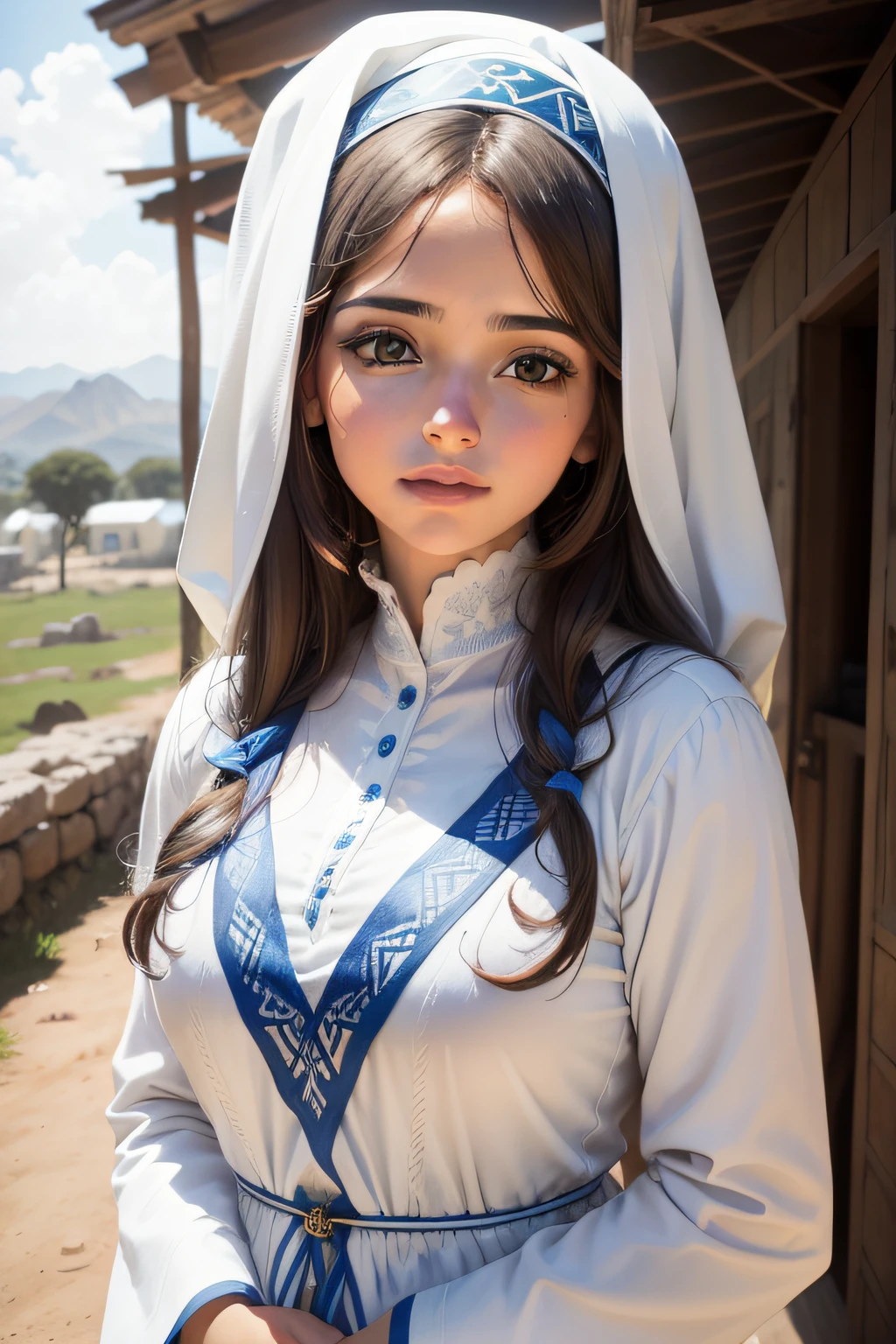 Uma garota Israelita, com seus 20 anos, with white and blue tunics, a beautiful, angelic face demonstrates your purity and faith in the living God, in the background is an Israelite camp from the time of Joshua from the Bible