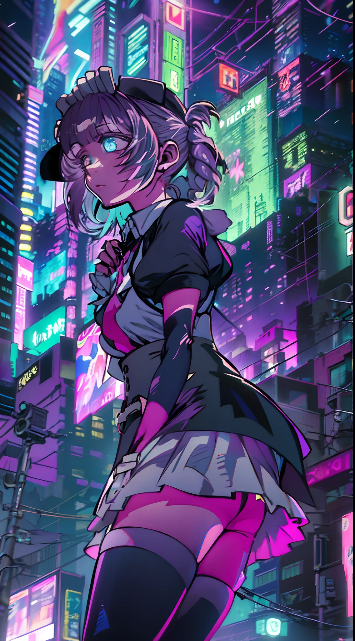 night, colorful cyberpunk city background, rain, street, maid girl, Nazuna Nanakusa,yofukashi no uta, blue eyes, shining eyes, black stockings, backlit, glow, looking up audience, low angle lens, looking up lens, perfect composition, perfect light and shadow delicacy, 8k