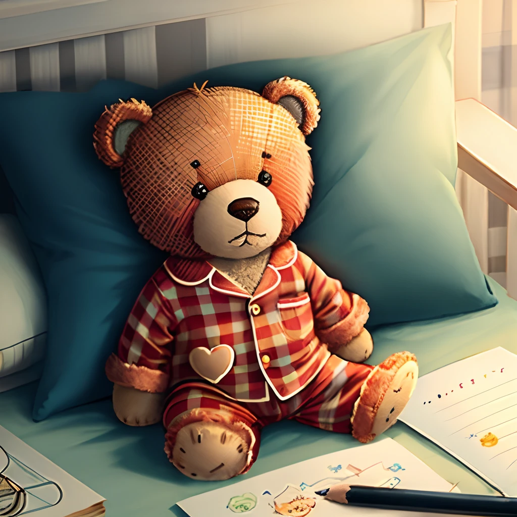 drawing of a cute teddy bear wearing pajamas, pixar style