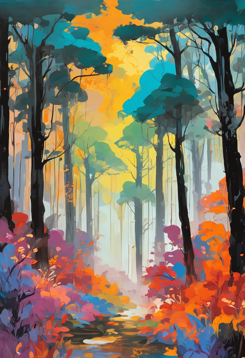Intricate painting details of Japanese forests, by range murata, galaxy in background, Sea of Clouds, vivd colour, hight contrast, mont, vector line art, orange highlights, trending in pixiv, anime concept art, stick, matte, high high quality, Edge to edge, Sanskrit