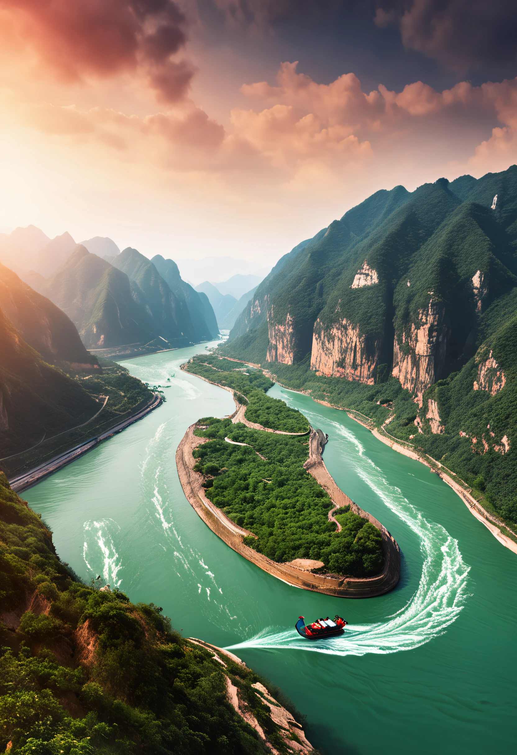 There is a river in the middle of the extremely high mountains of the Yangtze River in China, As the boats advance in the river. The scenery is very beautiful, With 64K HD images