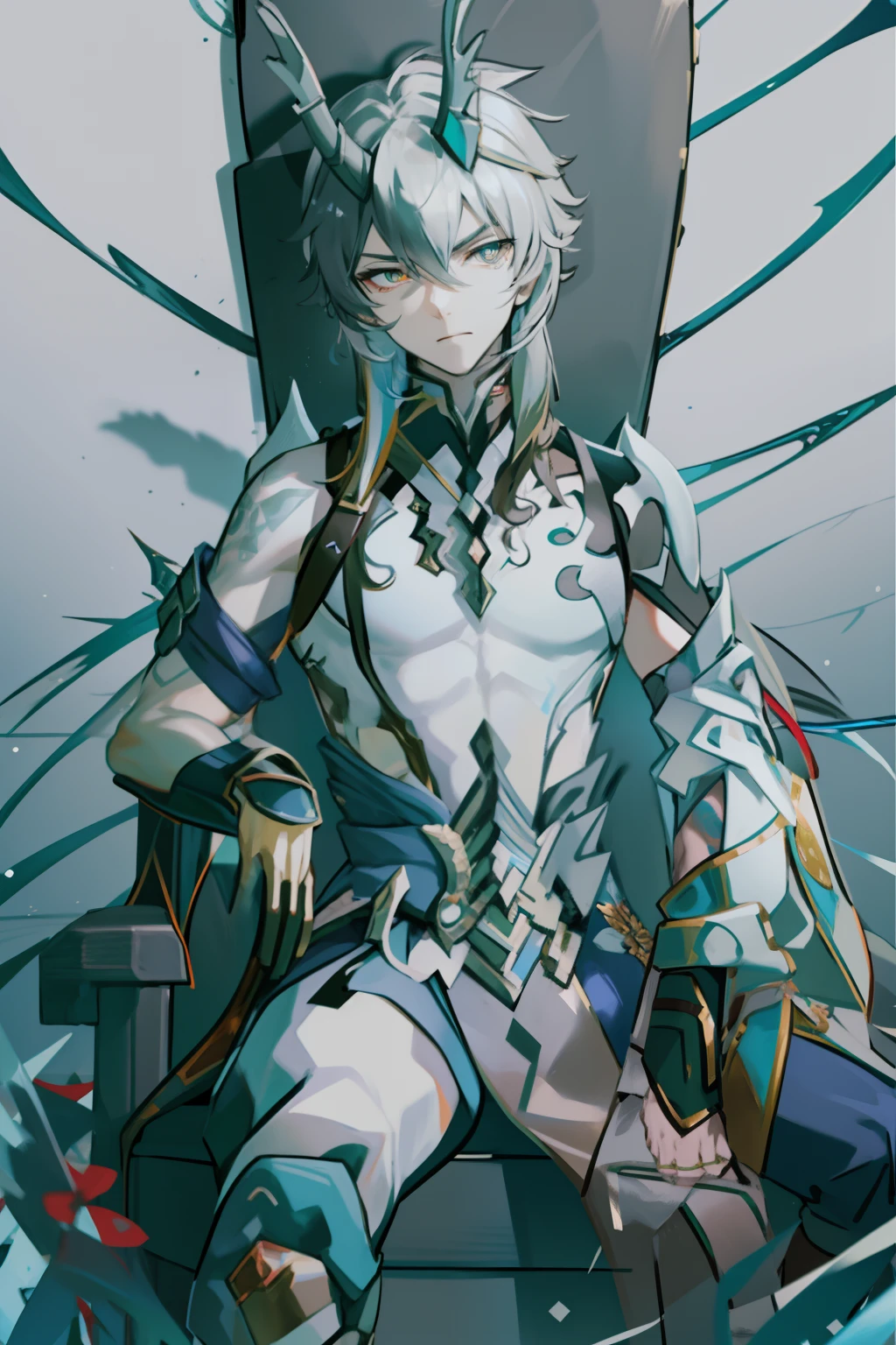 (absurderes,A high resolution,Hyper-detailing,hdr),Dragon's horn,younge boy,tmasterpiece,best qualtiy,1人,独奏,Handsome,Golden eyes,Fine eyes and detailed face,toppless,Tattooed with,arma,seated on a throne,Indifferent and arrogant,Abs,chest muscle,Raised sexy,Ruffian,Show your temperament,Male,masculine appeal,Male characteristics are distinct,Long messy hair,Arrogant,self-assured,Sitting majestically on the throne,Pondering,Legs crossed,white pantie,supreme,Lazy,Handsome,
