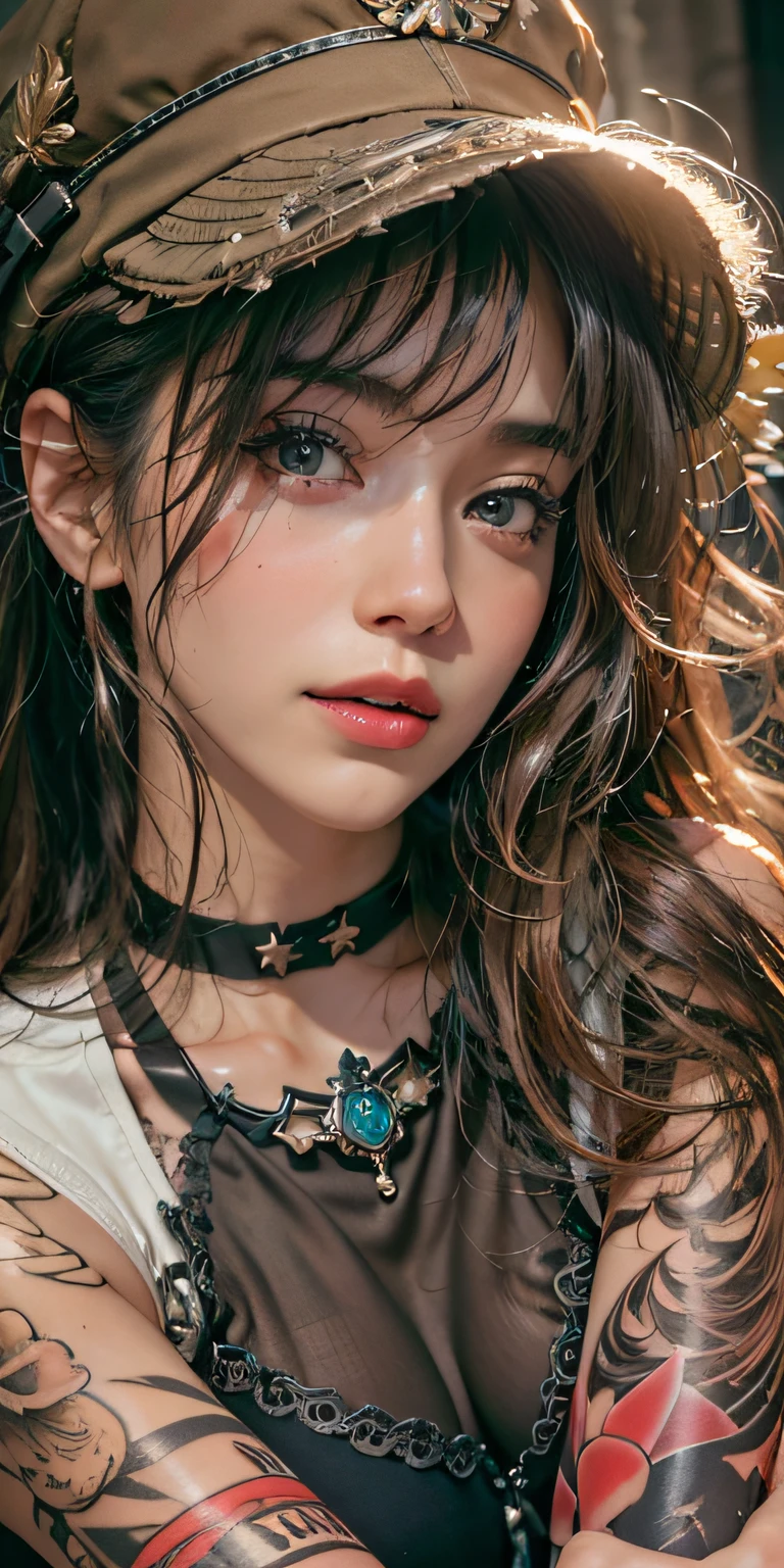 Photorealistic, high resolution, Soft light,1womanl, Solo, Hips up, (Detailed face),tattoo, jewelry, t-shirt with rough chest, Beautiful soldiers, Grab the audience's eye, Lover's perspective, Invitation expression, Sexy smile, Perfect style, Perfect balance, Detailed skin, mischievous gaze, chest visible