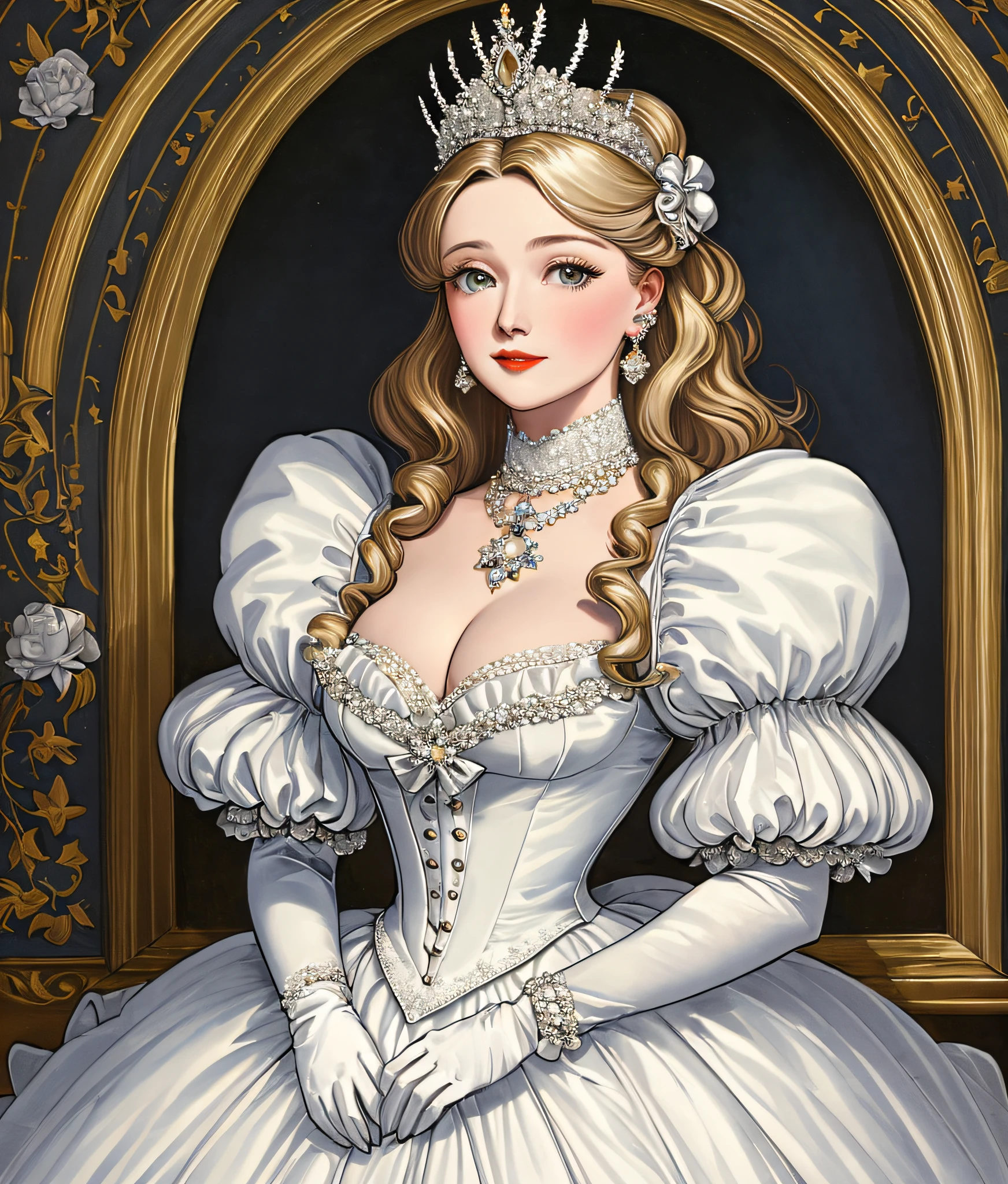 John Tenniel art, serious but radiant Greer Grammer is Crowned Queen surrounded by Royal Pomp and Splendor, wearing a stately and (((elaborate))) Court Dress of white satin and tulle adorned with (((huge ribbon bows))) bejeweled sashes, diamond stars, diamond crosses, silver embroidery, silver braid, pearls, and diamonds, with (((enormous puffed sleeves))), a very stiffly padded and corseted bodice, and a (((voluminous crinoline hoopskirt))), (((bustle))) and long train, long white gloves, pearl and diamond necklace and earrings, elaborately curled and styled hair, Throne, Regalia