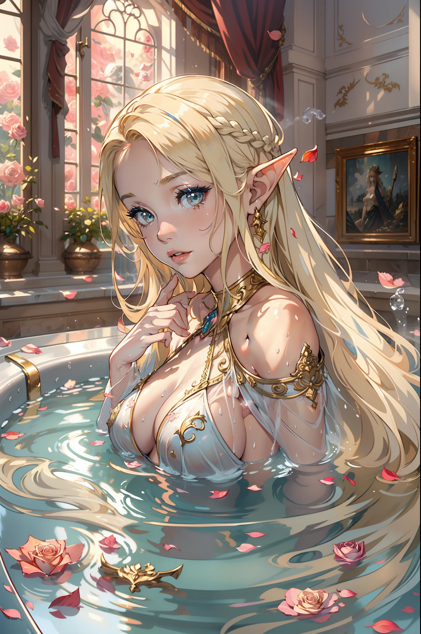 (nsfw 1.1), ((1girl)), ((masterpiece)), realistic, ((highly detailed:1.3)), beautiful elf princess bathing in a marble tub, ((very long blonde hair)), wet hair, wearing a sheer bathrobe, clothed bathing, ivorygoldai, royal palace bathroom setting, steam, ornate marble tub, (rose petals floating in water:1.3), early morning light, windows, crepuscular lighting, dynamic pose, dynamic angle,