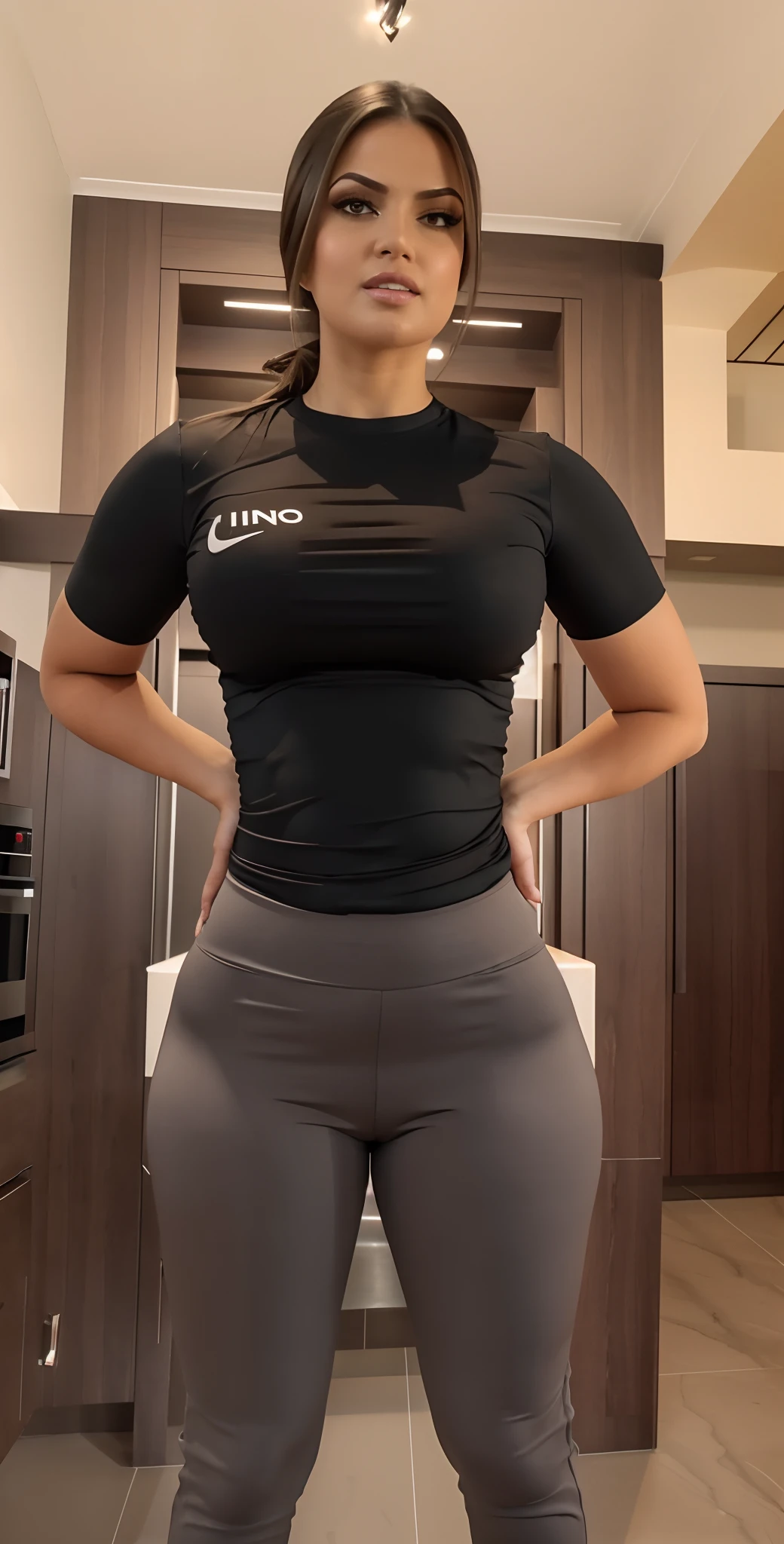 A closeup of a beautiful woman in a black shirt and gray pants, roupa apertada, corpo em forma, cintura fina, thick thieves, she has a smooth and stiff Fit belly, fina, vestindo camisa apertada, big booty, traje apertado, quadris largos, coxas expostas!!!, usando roupas simples e apertadas, ajuste apertado, pernas grossas, hand on hips