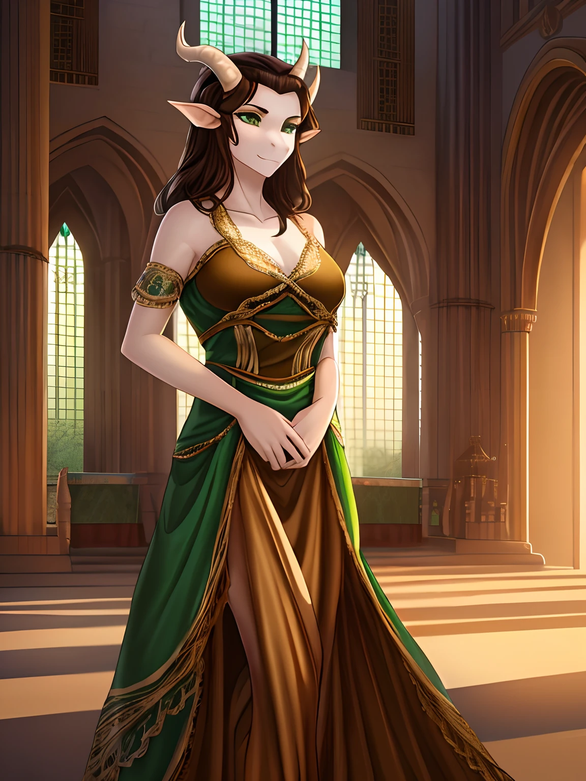 detailed, beautiful, masterpiece, HDR, castle interior background, fantasy setting, queen, (royal green and light brown color dress:1.5), desert style of clothing, dragon, anthro, female, female full body, ((dark hair, Victorian hairstyle)), white skin, (white scales:1.4), (two long thin horns:1.3), emerald green eyes, perfectly shaped body, confident majestic pose, finger white claws, delicate facial features, calm gaze, neutral facial expression