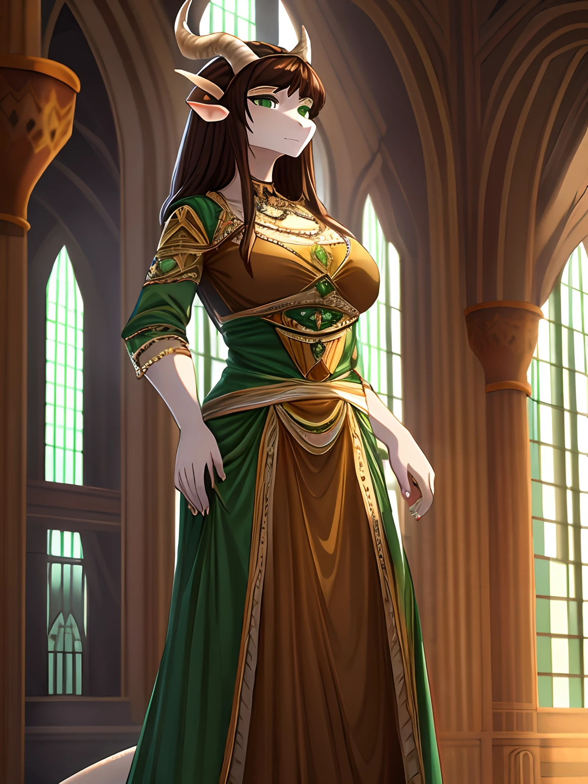 detailed, beautiful, masterpiece, HDR, castle interior background, fantasy setting, queen, (royal green and light brown color dress:1.5), desert style of clothing, dragon, anthro, female, female full body, ((dark hair, Victorian hairstyle)), white skin, (white scales:1.4), (two long thin horns:1.3), emerald green eyes,  perfectly shaped body, confident majestic pose, finger white claws, delicate facial features, calm gaze, neutral facial expression