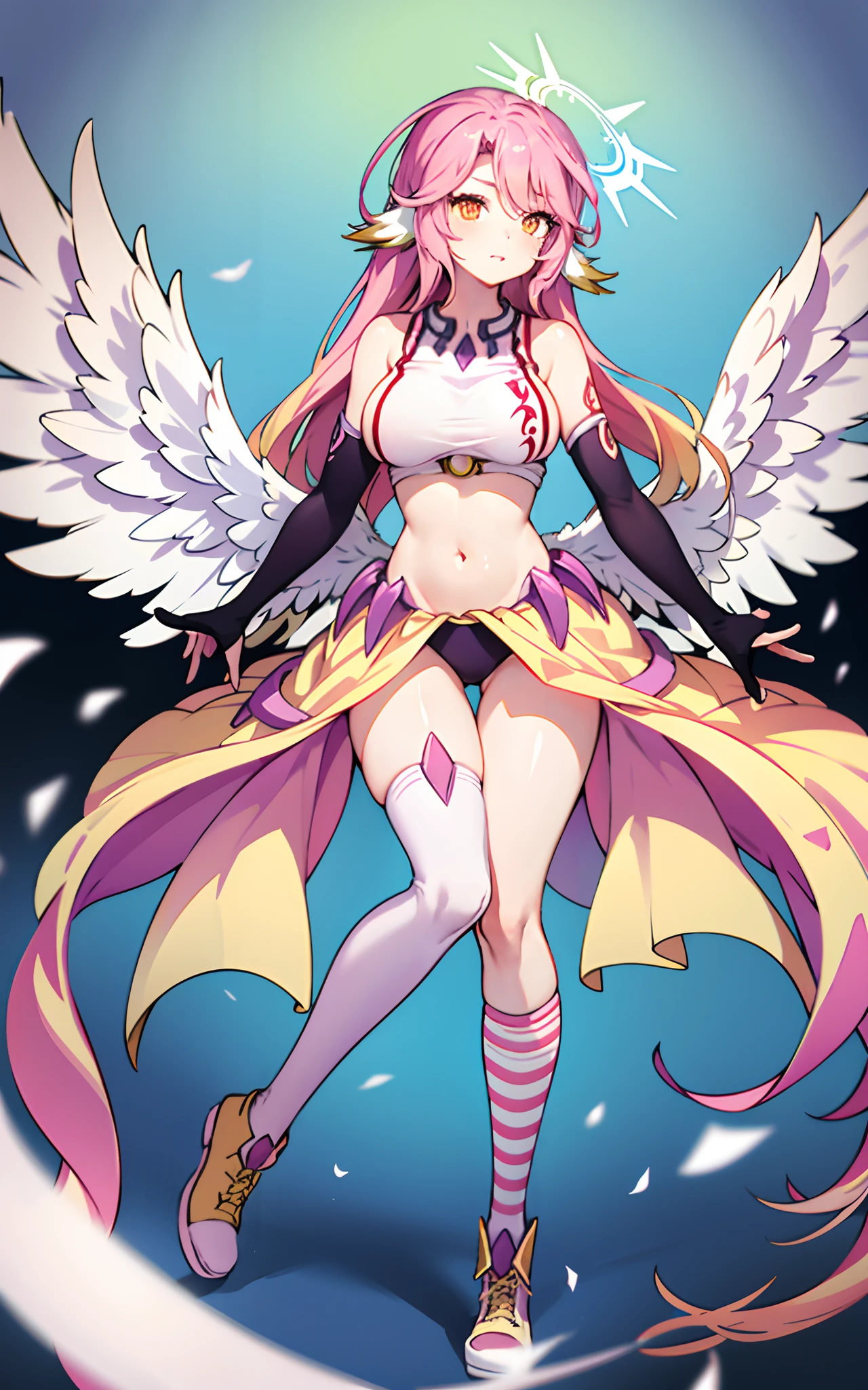 jibril 1girl, solo, long hair, breasts, sideboob, halo, pink hair, pink stocking, low wings, compass rose halo, wings, navel, book, gloves, bird ears, midriff, magic circle, asymmetrical legwear, angel, angel wings, animal ears, very long hair, yellow eyes, white wings, large breasts, mismatched legwear, single shoe, feathered wings, orange eyes, shoes, multicolored eyes, thighhighs, crop top, cross, multicolored hair, gradient hair, looking at viewer,