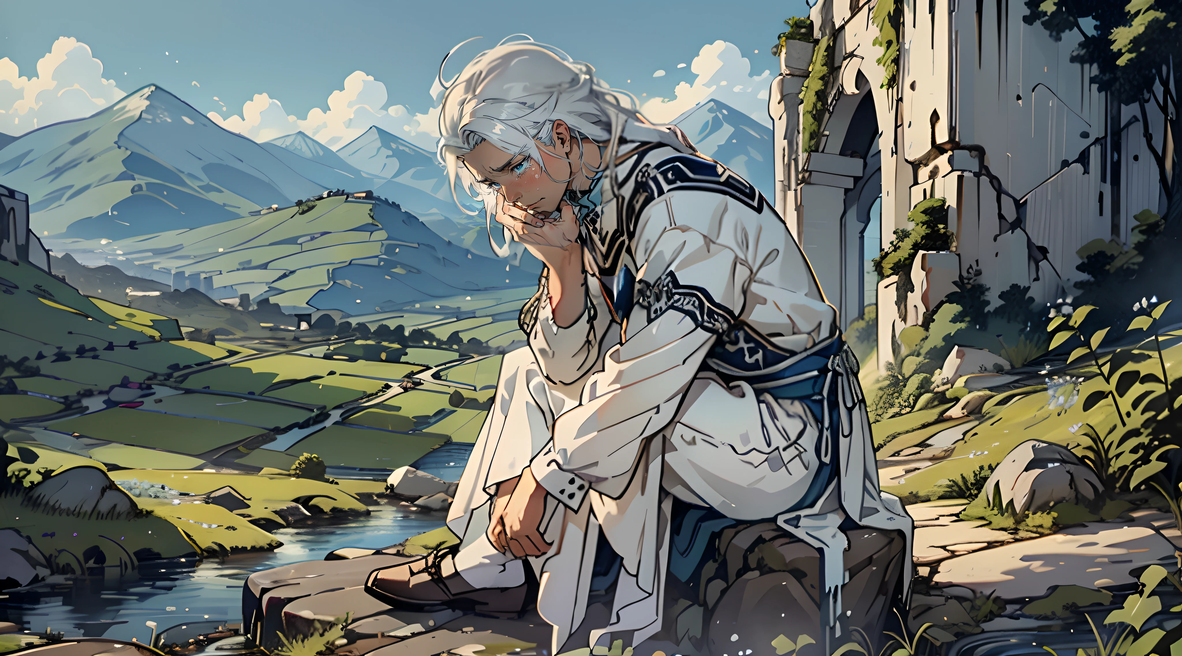 Close-up, young man with long white hair and blue eyes sitting on a rock and crying,  a valley in background, Tears on the cheeks, he is very sad