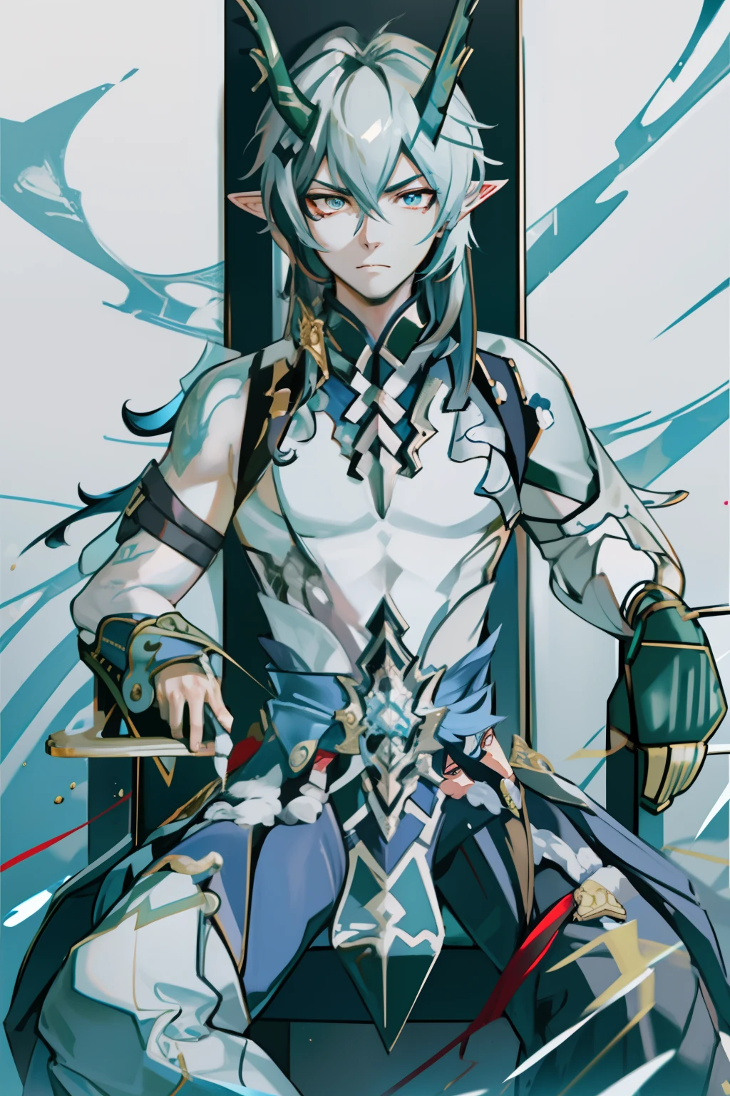 (absurderes,A high resolution,Hyper-detailing,hdr),Dragon's horn,younge boy,tmasterpiece,best qualtiy,1人,独奏,Handsome,Golden eyes,Fine eyes and detailed face,toppless,Tattooed with,arma,seated on a throne,Indifferent and arrogant,Abs,chest muscle,Raised sexy,Ruffian,Show your temperament,Male,masculine appeal,Male characteristics are distinct,Long messy hair,Arrogant,self-assured,Sitting majestically on the throne,Pondering,Legs crossed,white pantie,supreme,Lazy,Handsome,