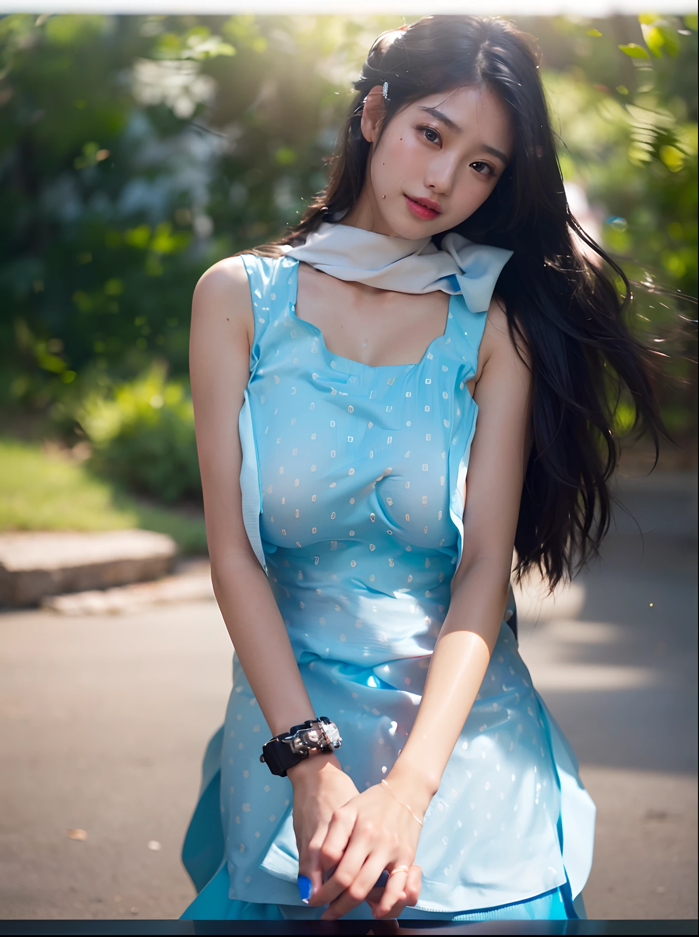 (1 Pretty girl), big breasts, breasts, tan, sweaty Asian skin, big tit, 8k ,ultra HD, 3D, blue dress, blue shirt, blue suit,