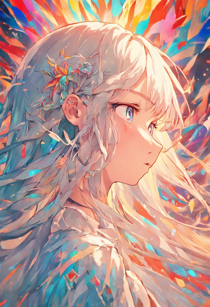 (Beauty side face,Long colored hair,close eyes,Masterpiece narcissus),rainbow colored background, (illustration:1.2,paper art:1.2, zentangle, 3D render),(Best quality, high detailed, Masterpiece, Cinematic Lighting, 4K, Chiaroscuro)